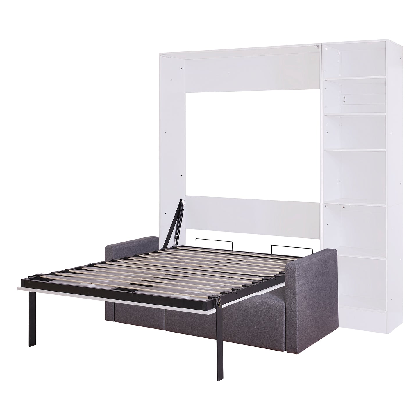 White wall bed with open mattress frame and gray sofa base