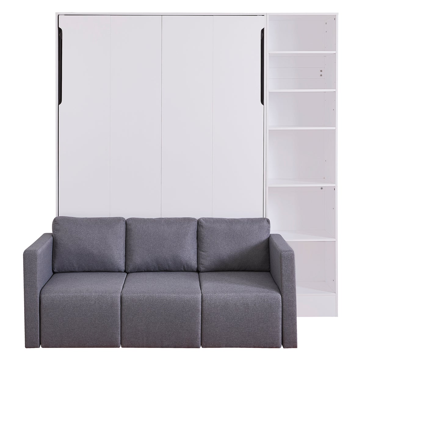 Modern grey fabric sofa with integrated white wall bed and shelving unit