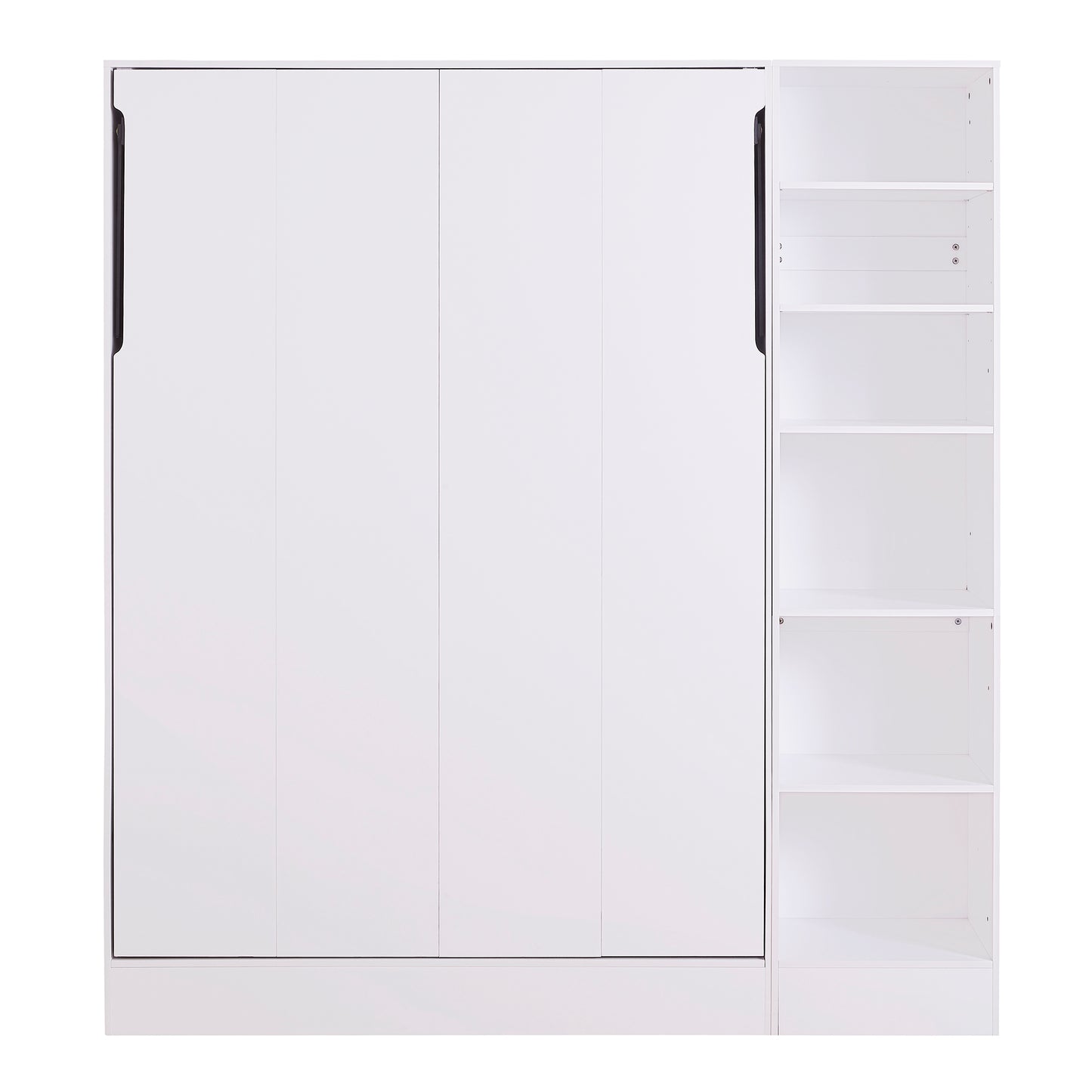 White murphy bed with integrated shelving closed position