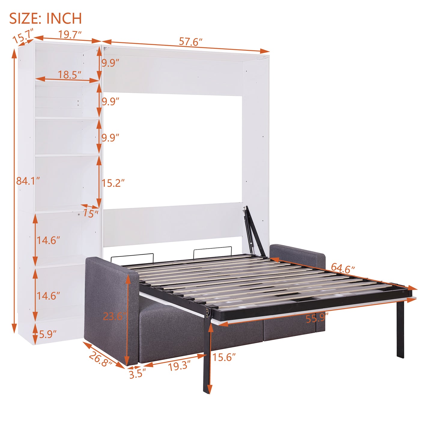 White wall bed with open mattress frame and grey sofa base