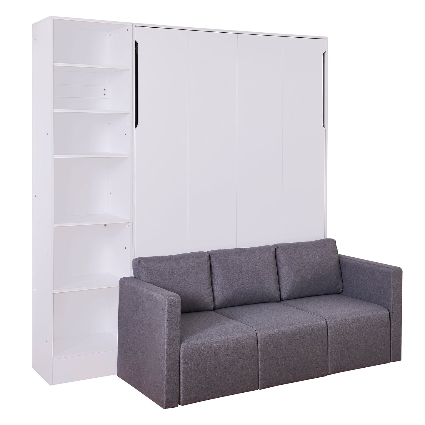 Modern white Murphy bed with integrated grey fabric sofa