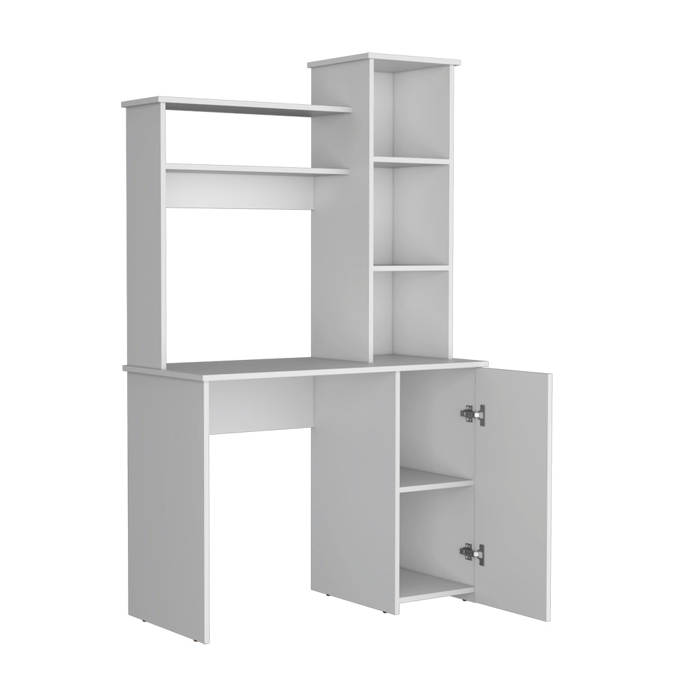 White computer desk with hutch and open cabinet doors for home office