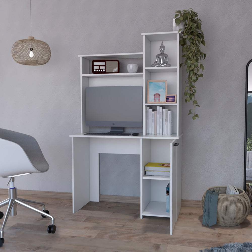 White computer desk with hutch and integrated shelving for home office