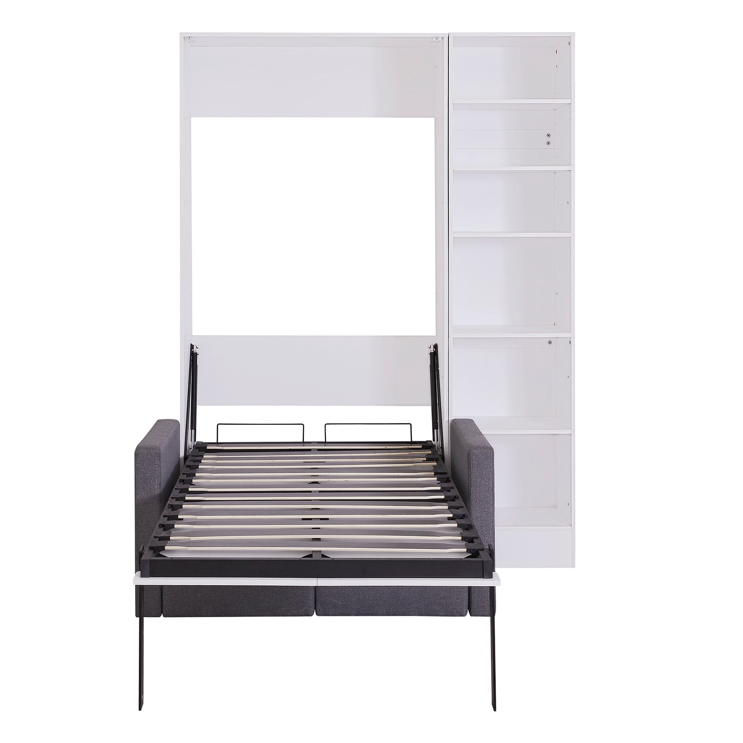 White murphy bed with gray sofa opened to reveal mattress base and integrated shelving
