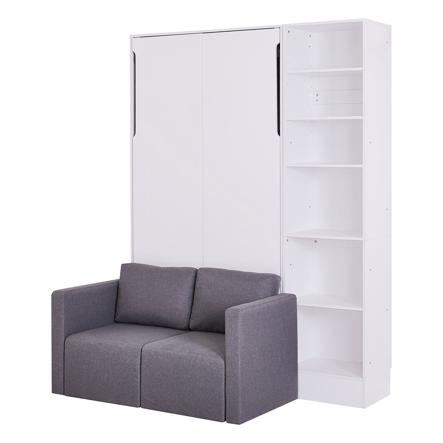 Gray fabric sofa with dual cushions in front of a white wall bed unit
