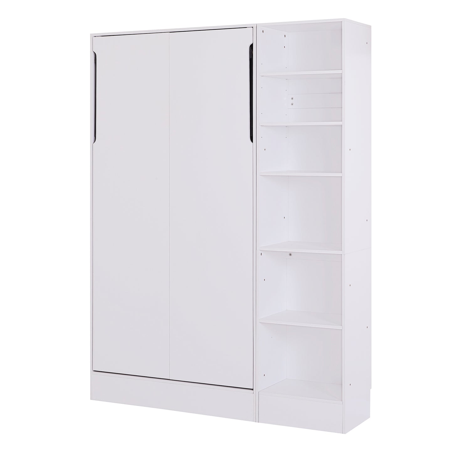 White murphy bed with attached open shelving unit