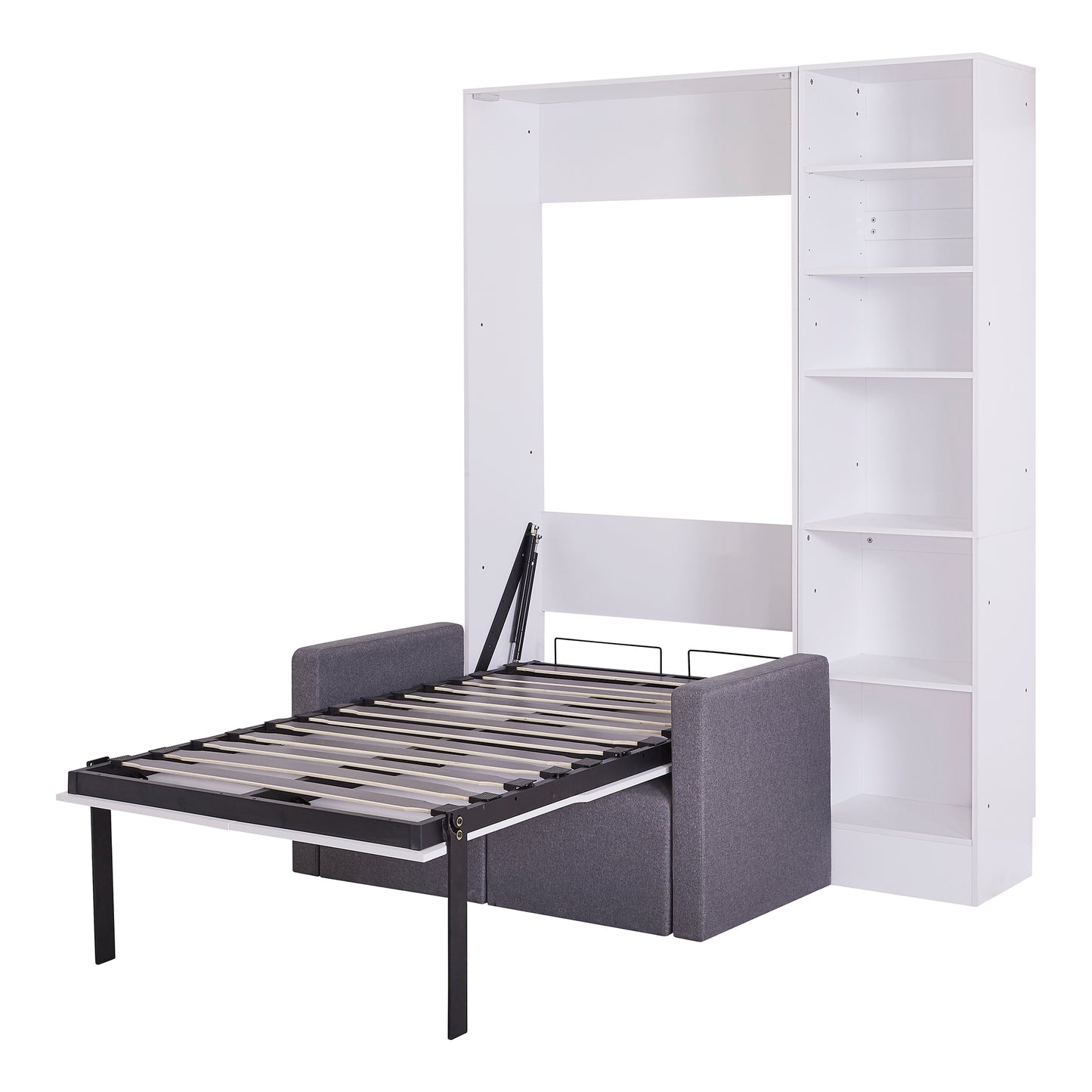 Grey sofa bed with white wall unit and shelves open