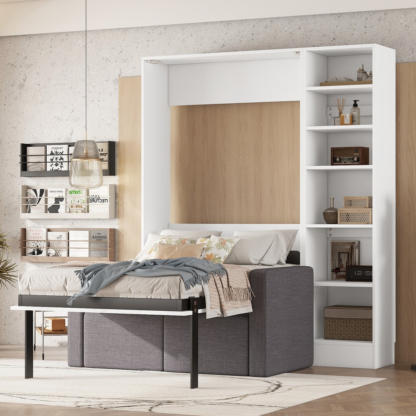 White wall bed with integrated grey sofa and shelving
