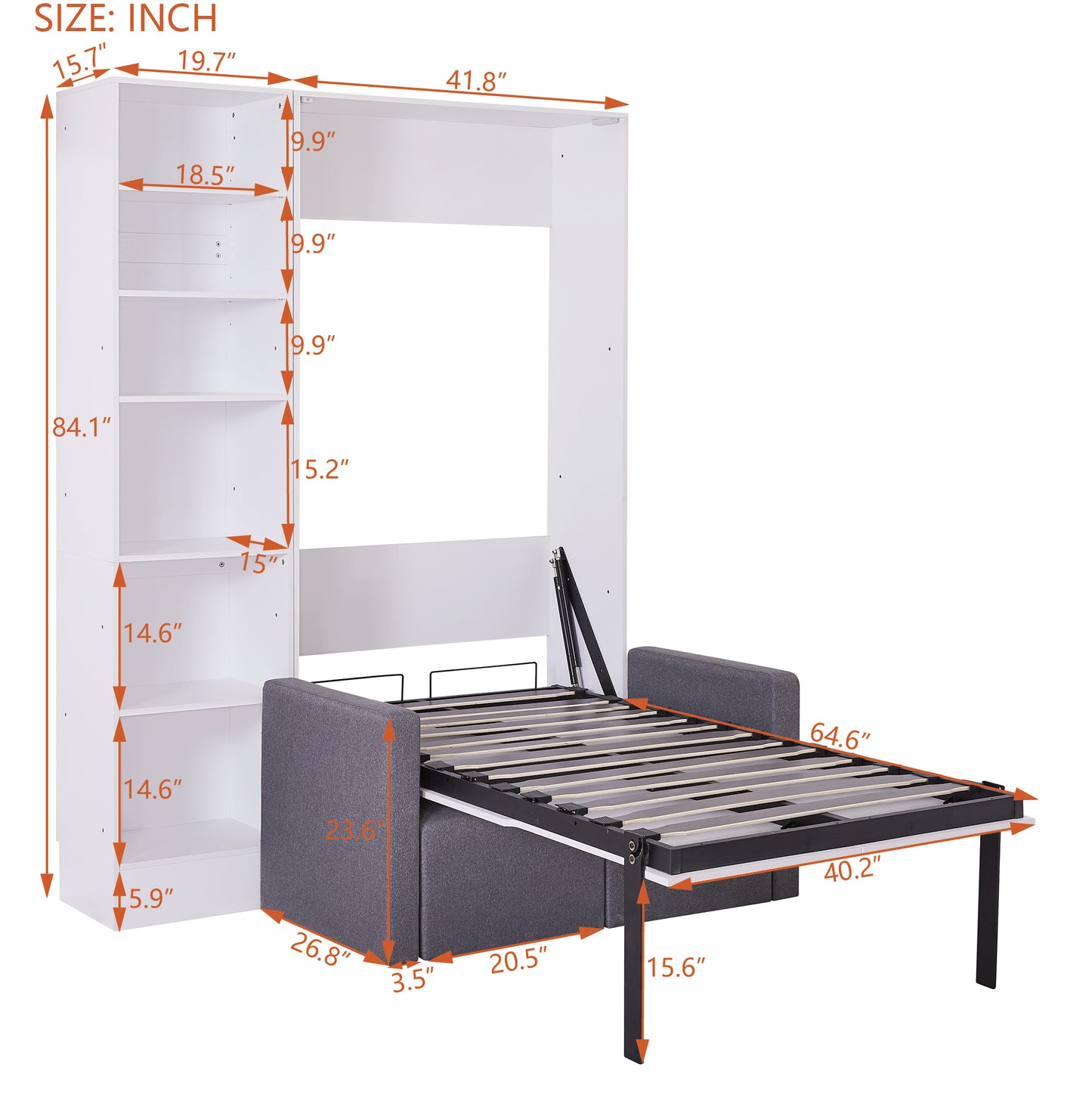 White wall bed frame with open gray sofa and visible mattress base