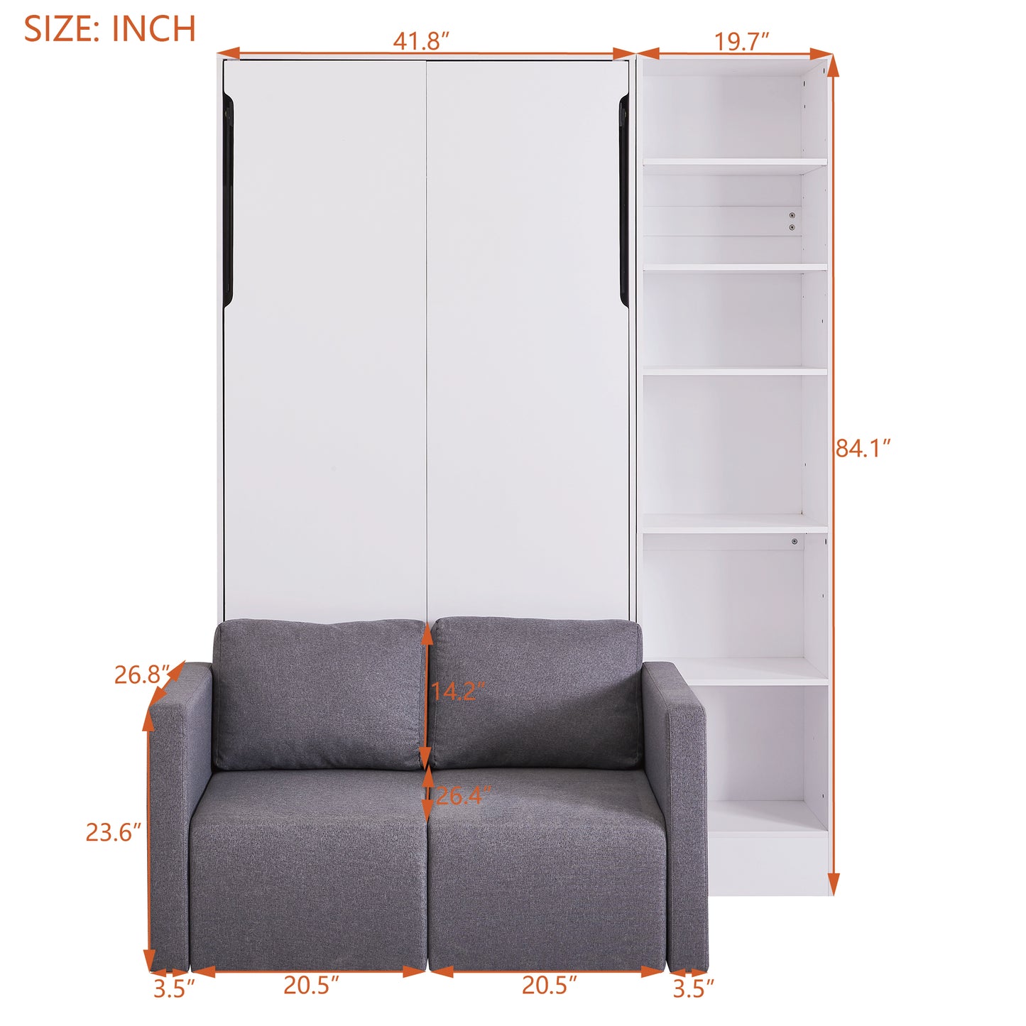 Grey fabric sofa with dimensions labeled next to a white wall bed and shelving unit