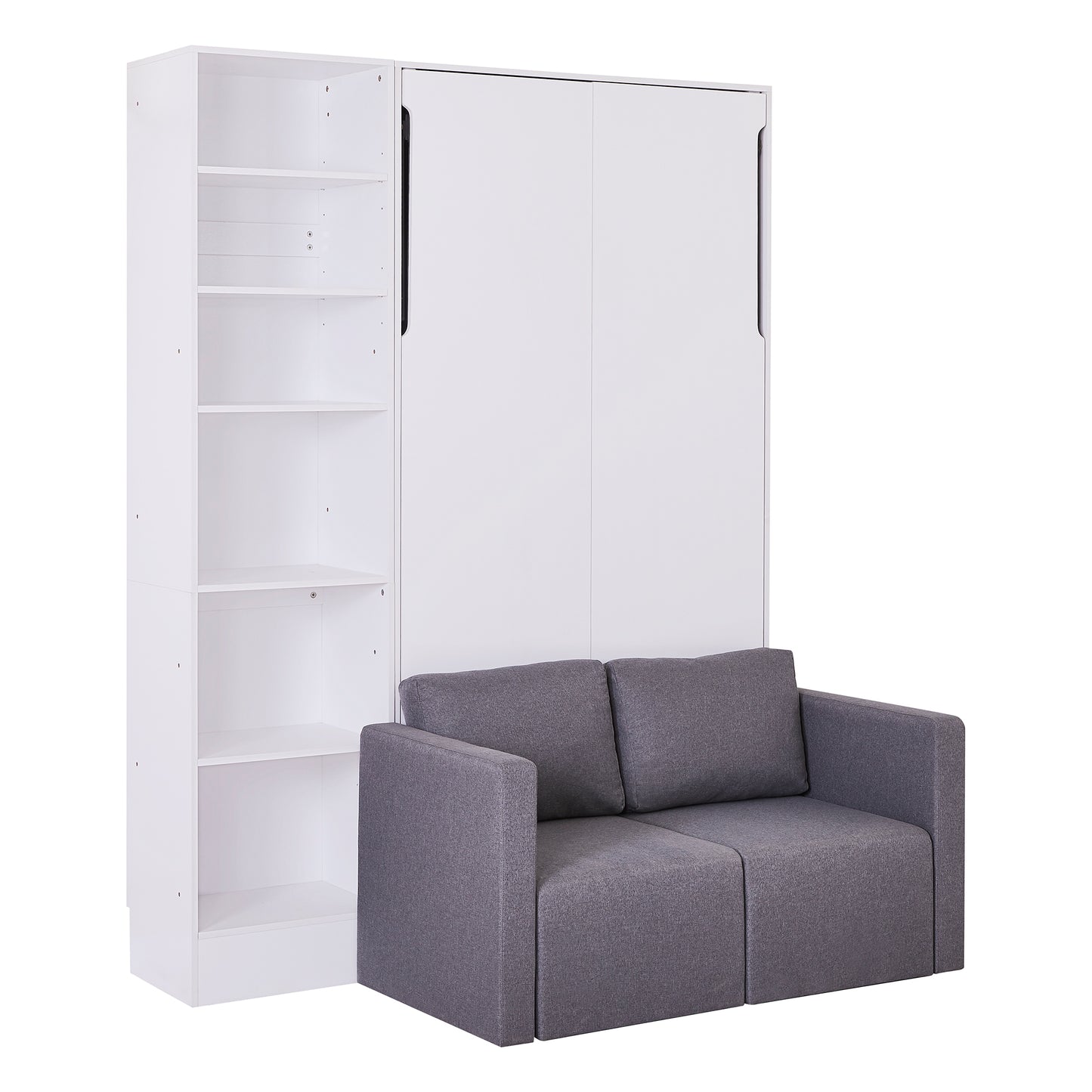 Spacesaving white murphy bed with integrated bookshelf and grey sofa