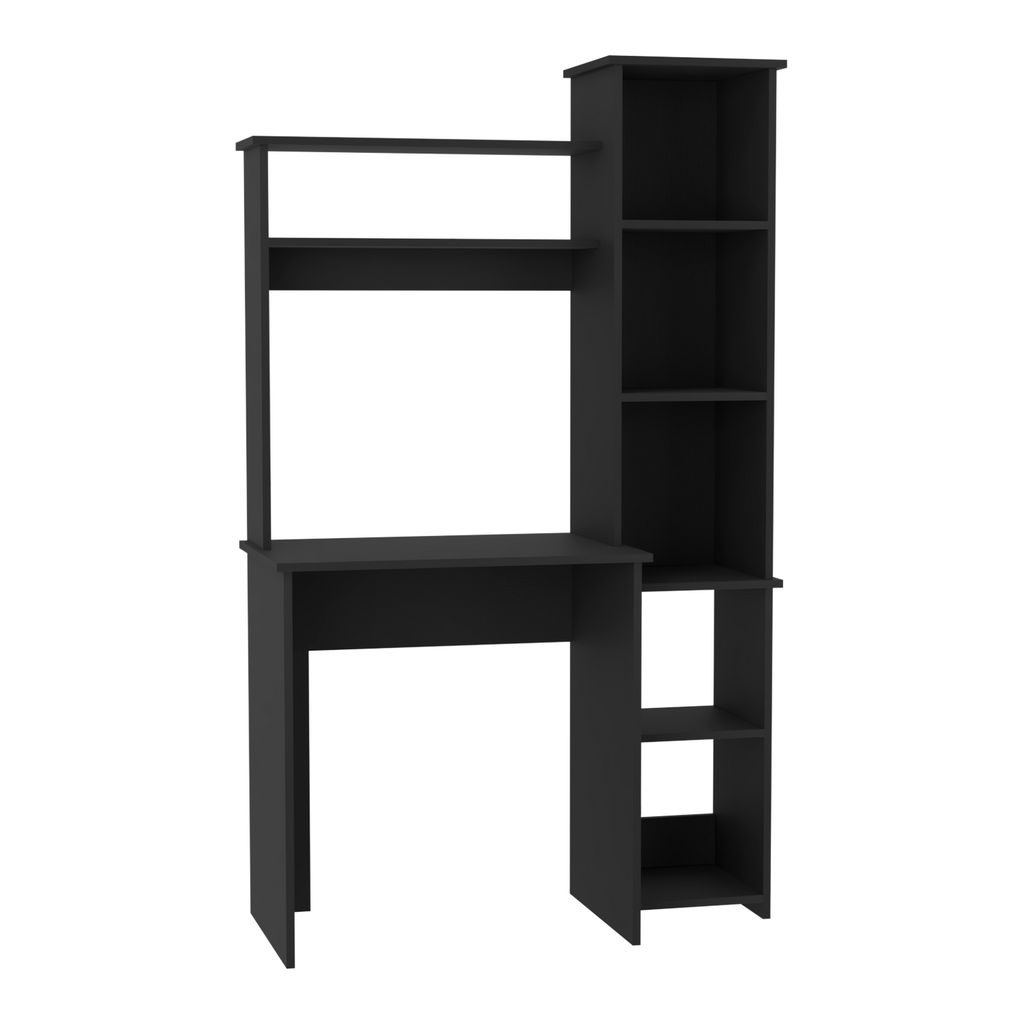 Black modern computer desk with integrated shelving unit