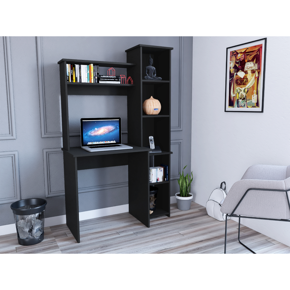 Black modern computer desk with hutch and shelves featuring a laptop and books