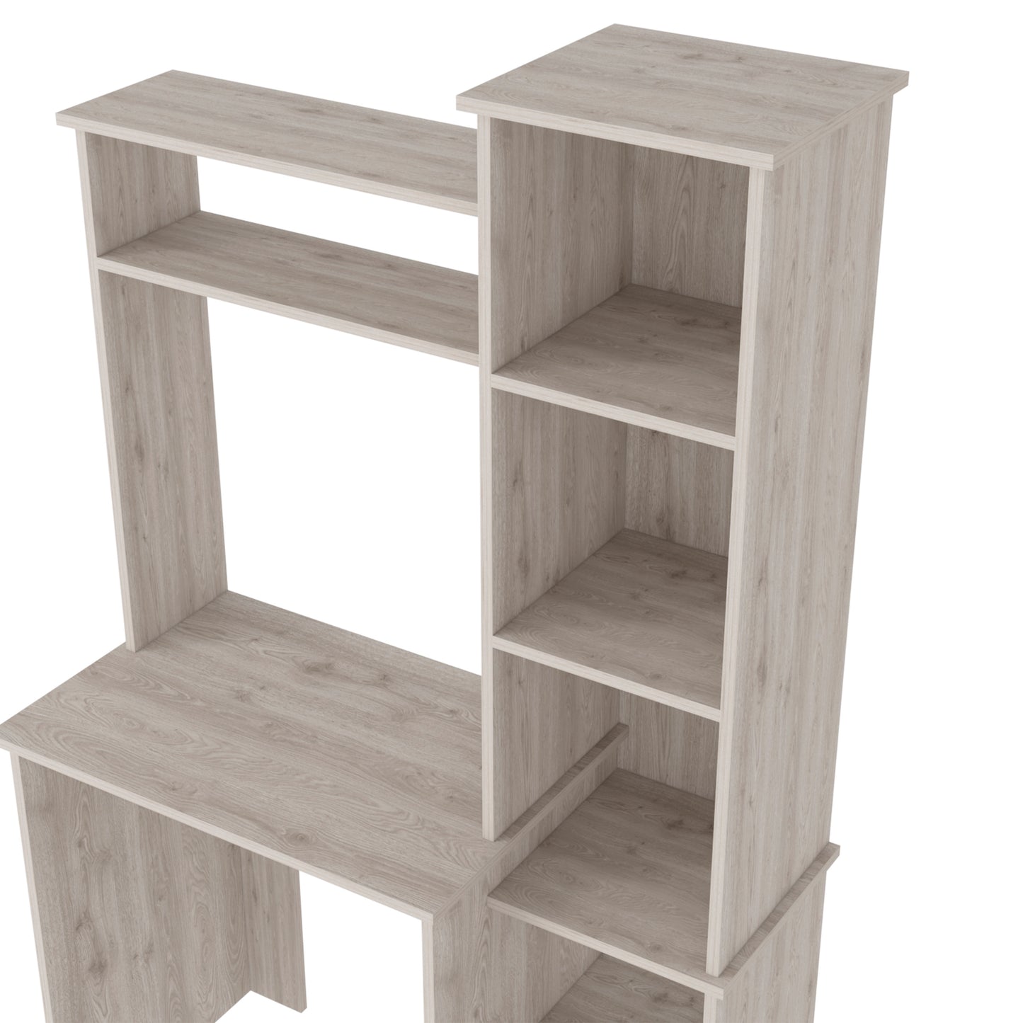 Modern light oak veneer desk with open shelving for office organization