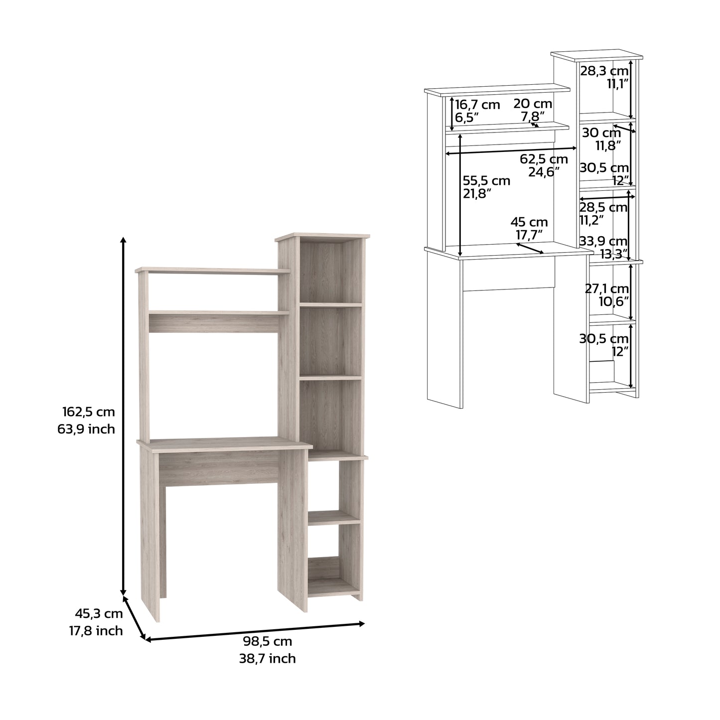 Light wood desk with integrated shelves and storage cubbies dimensions shown