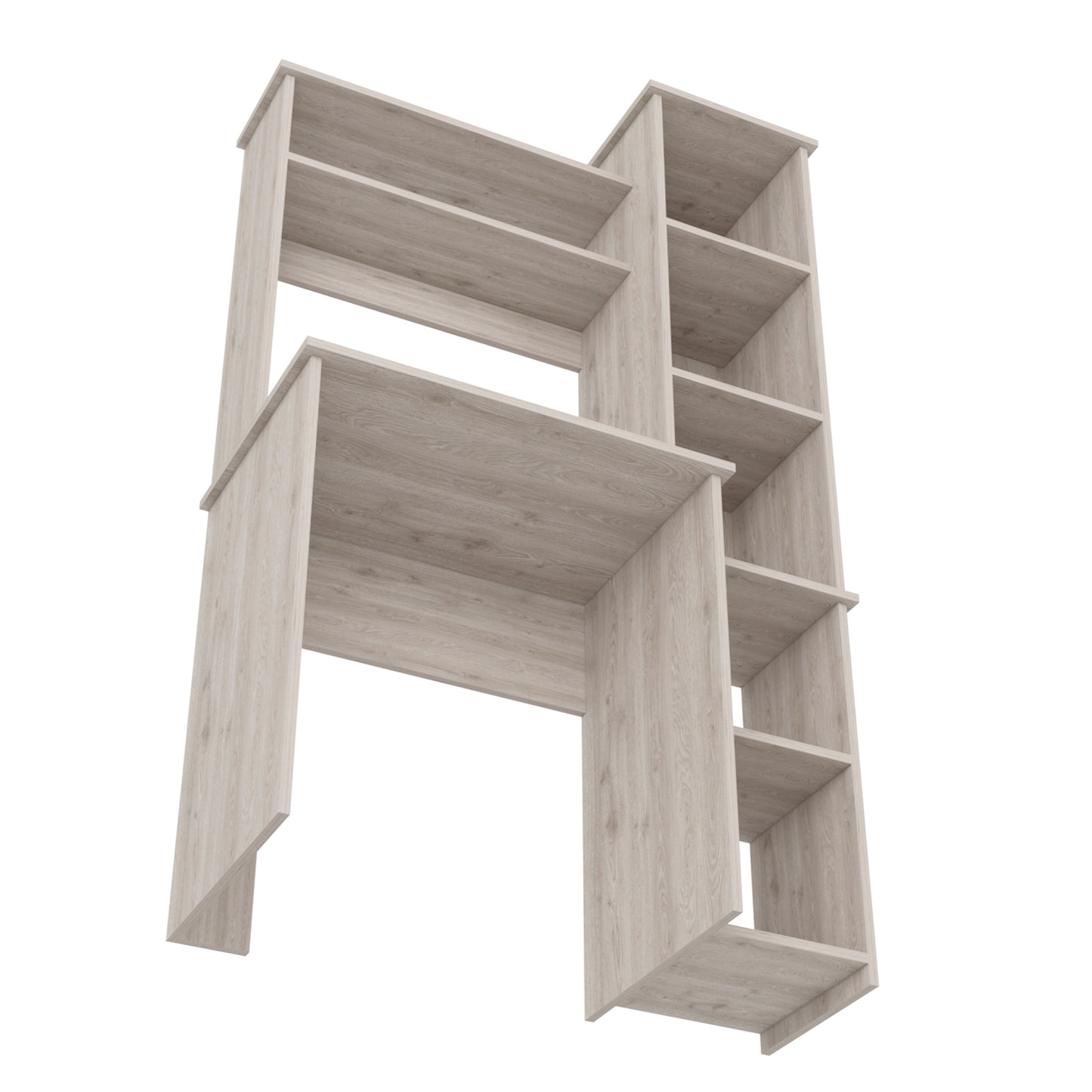 Light oak laminate desk with integrated shelving unit for home office storage