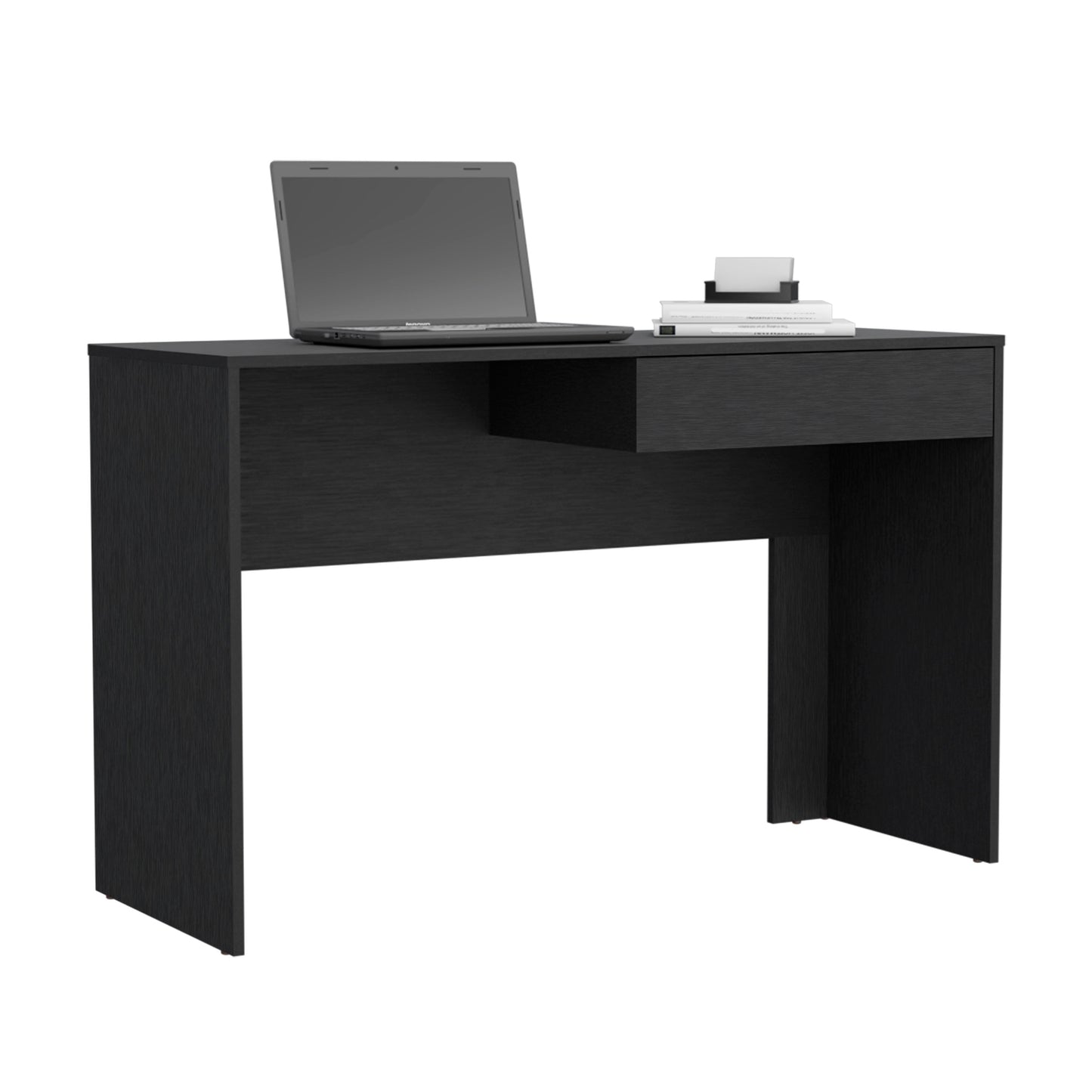 Black modern desk with a laptop and books