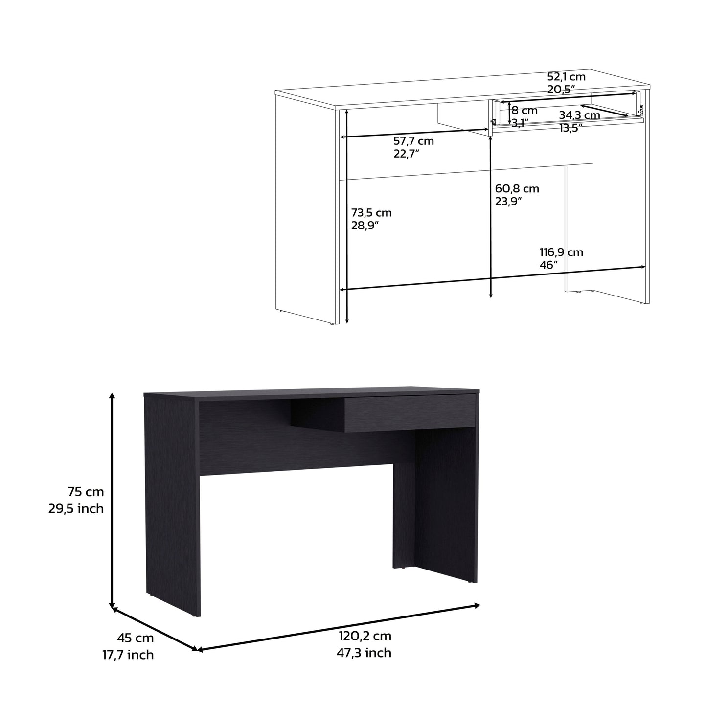 Black minimalist desk with one drawer cm height cm width Ideal for home office
