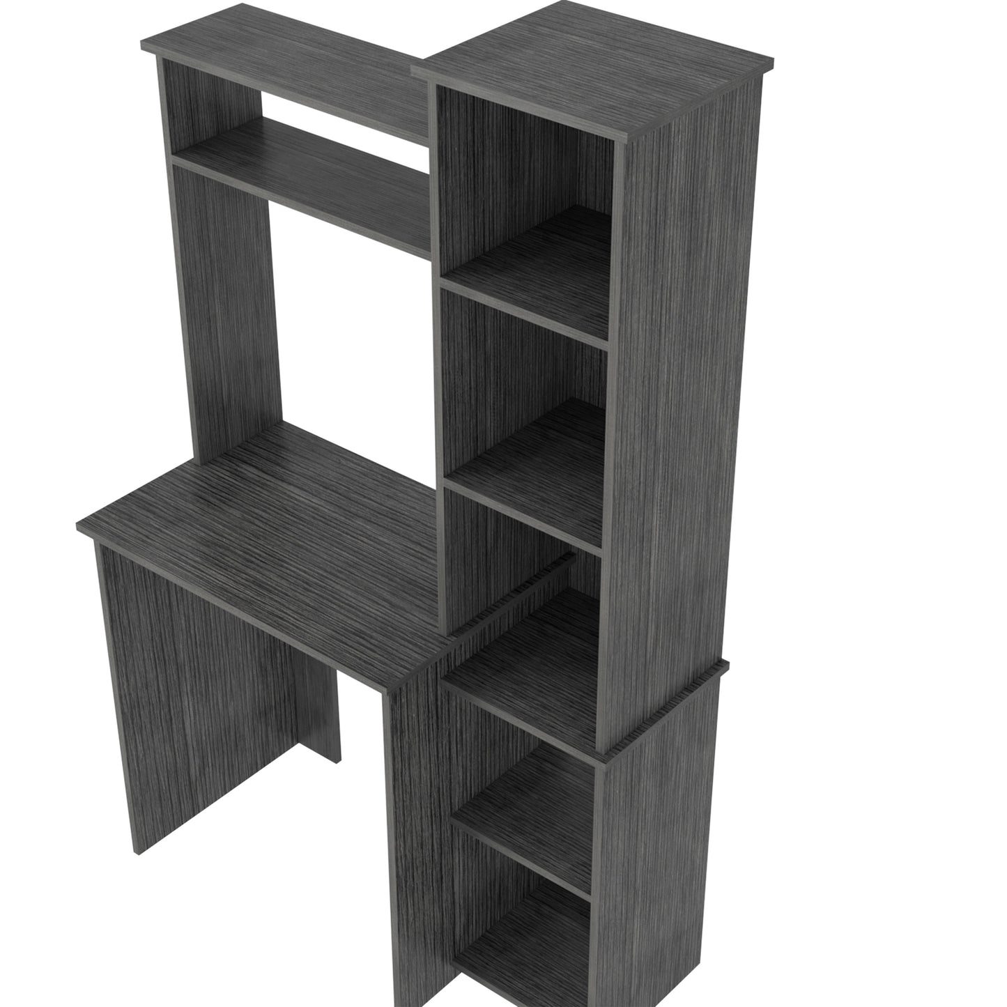 Modern gray wood computer desk with multiple shelves for storage