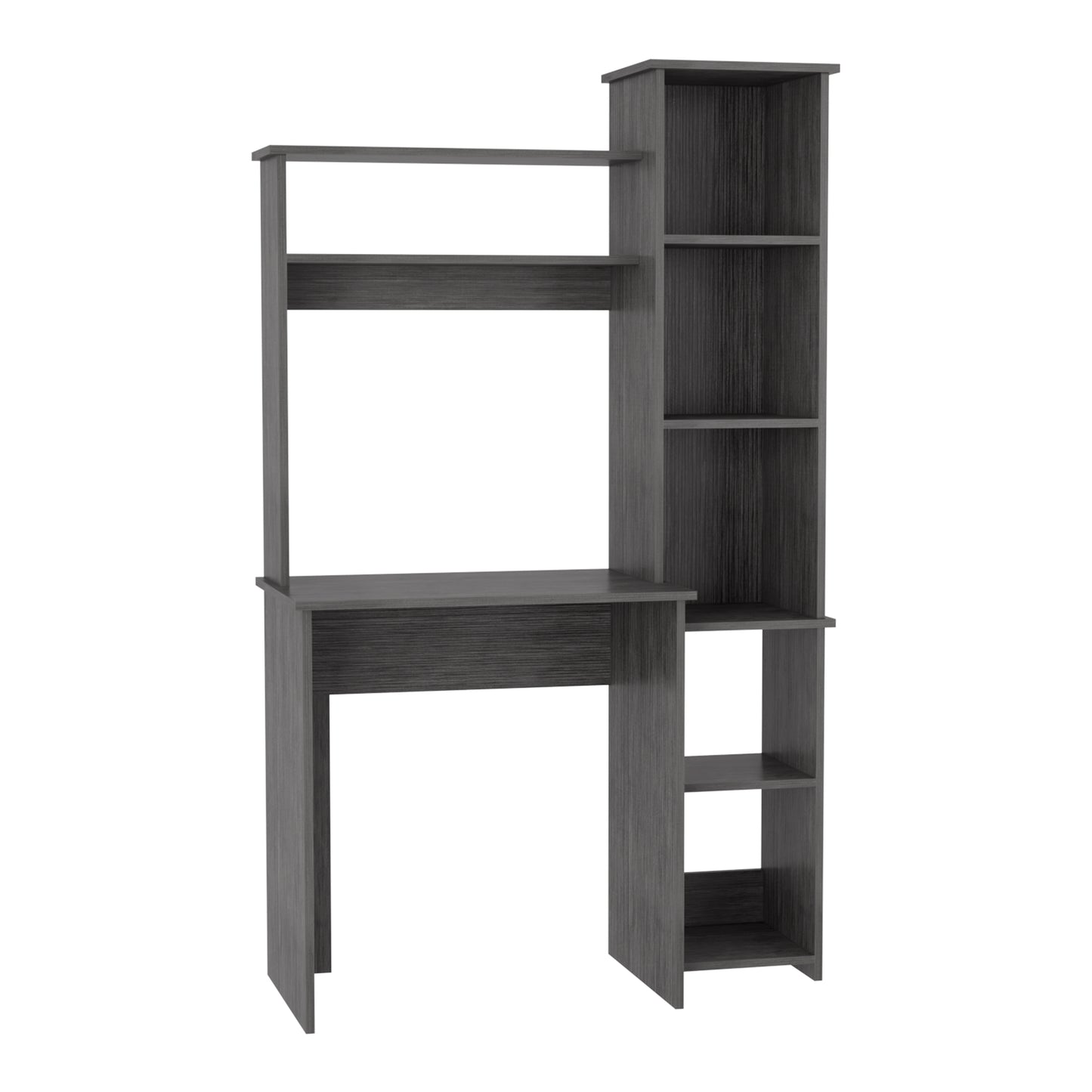 Modern grey wood computer desk with integrated shelving and hutch for home office use