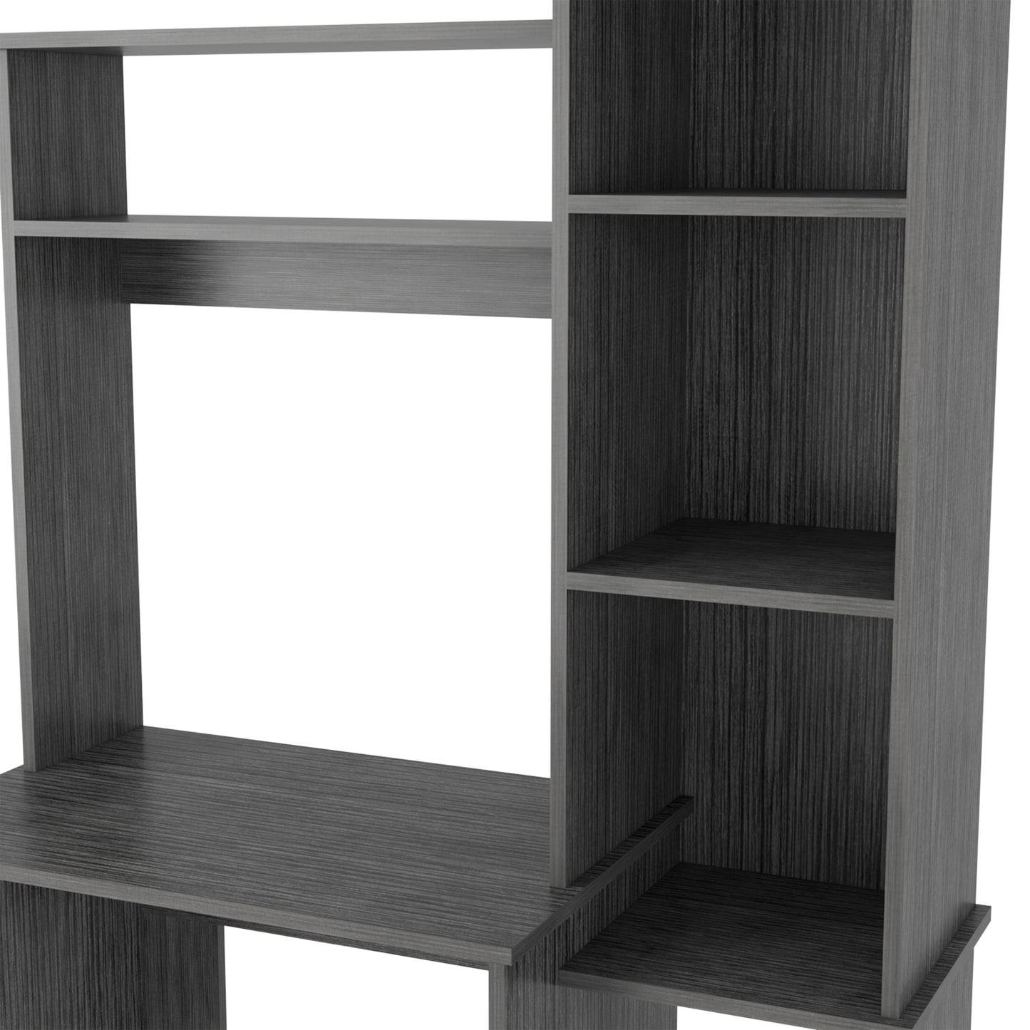 Dark gray wood grain desk with multiple shelves perfect for home office use