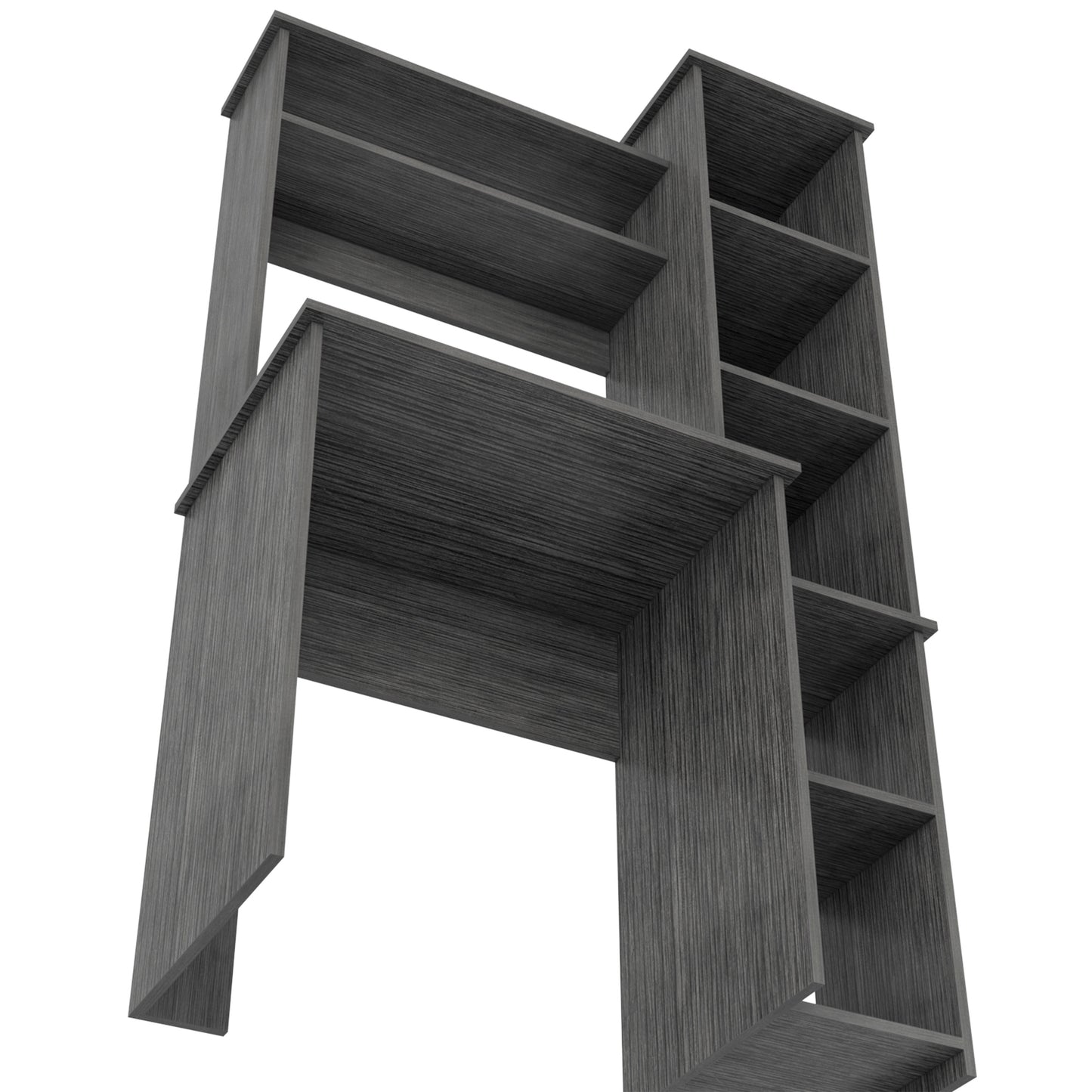 Modern gray wood computer desk with integrated shelving unit