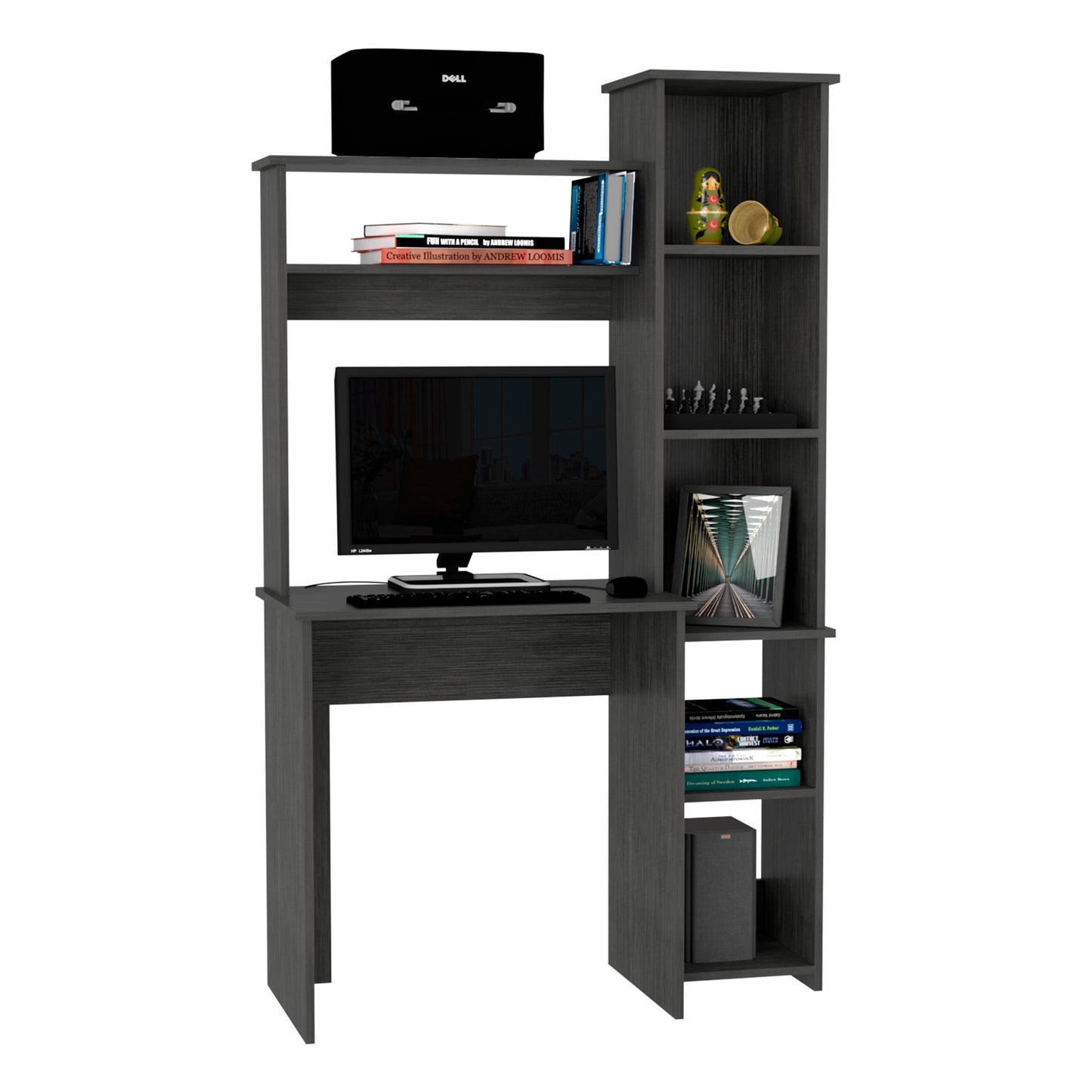 Dark grey computer desk with monitor keyboard and integrated bookshelf for home office