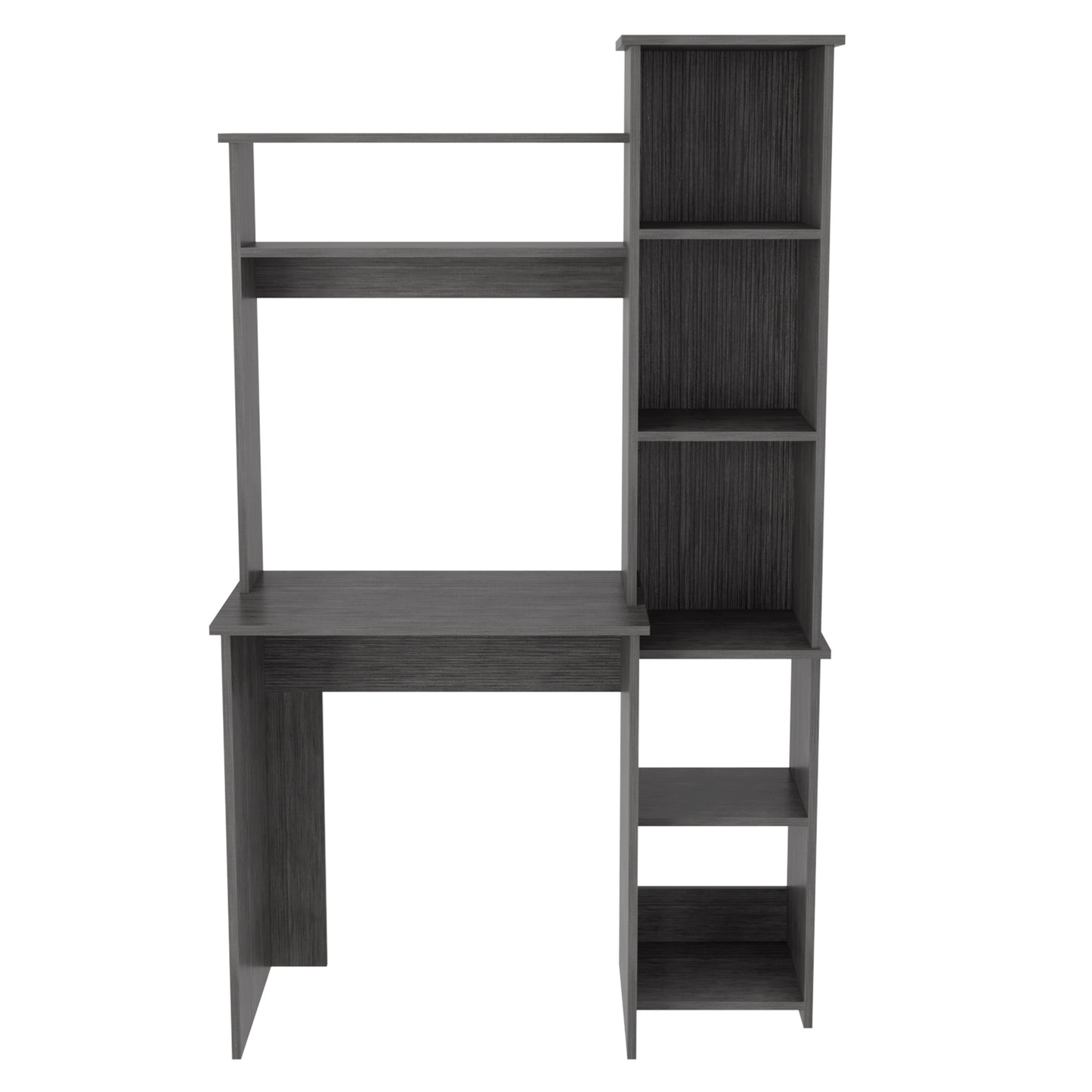 Dark gray modern computer desk with integrated shelving and hutch