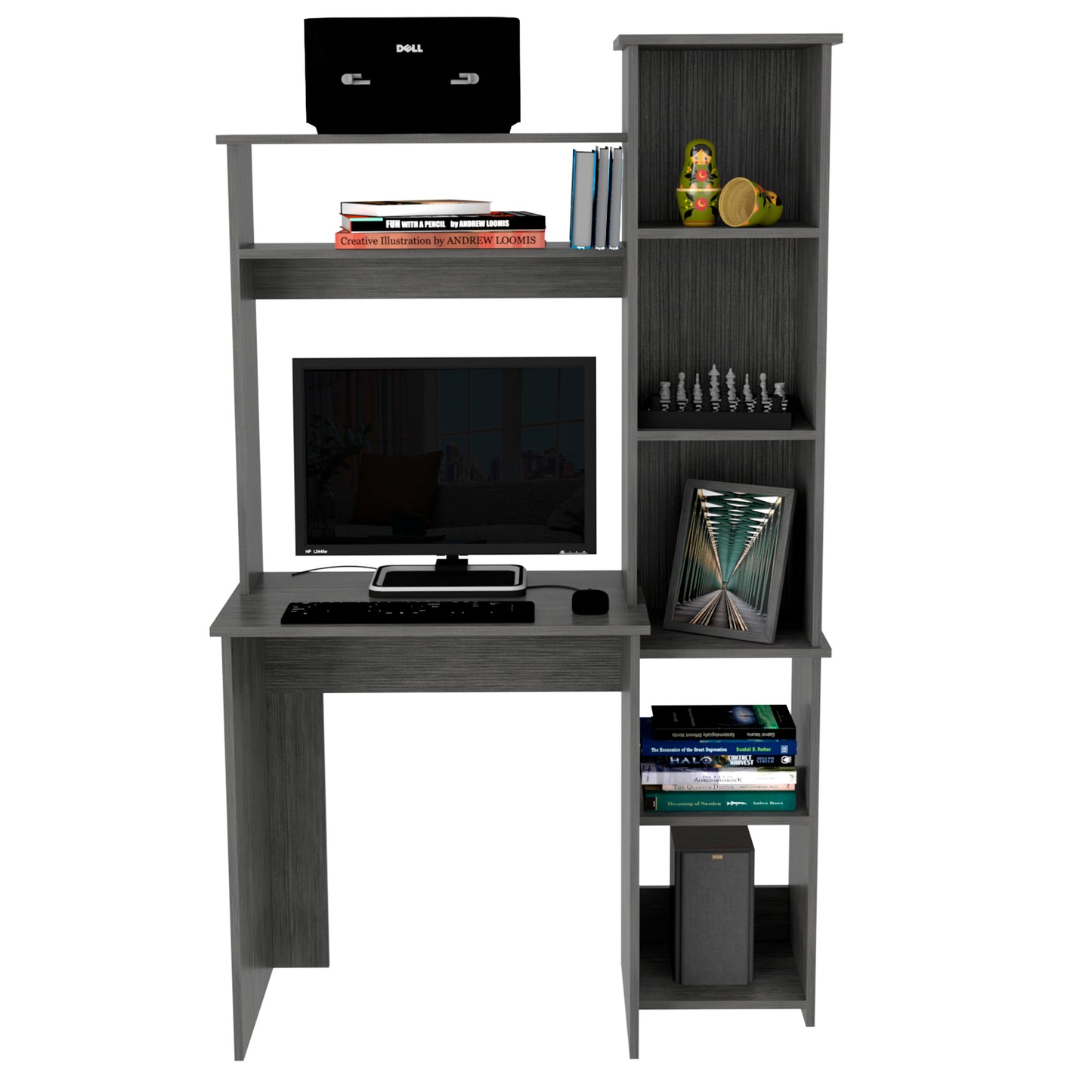 Dark gray computer desk with monitor keyboard and Dell laptop