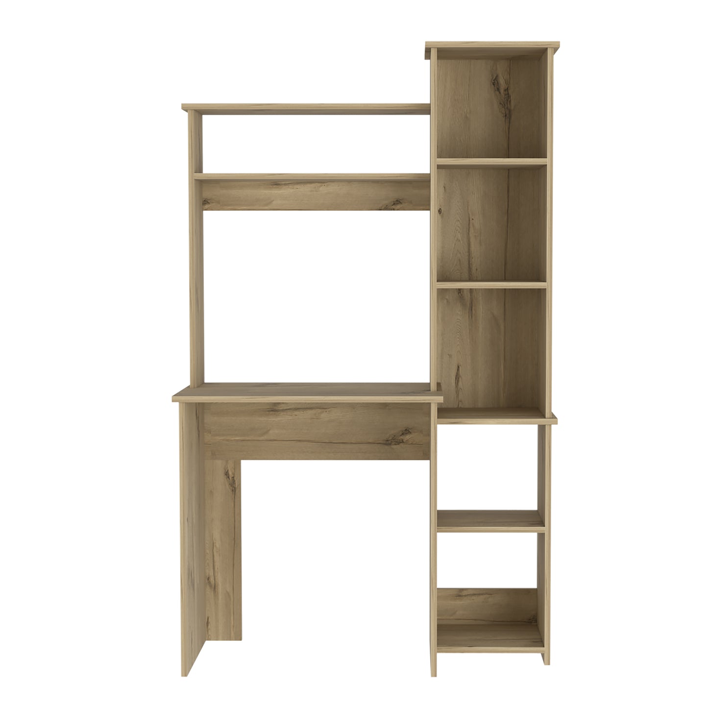Compact oak veneer desk with integrated shelving unit perfect for small spaces