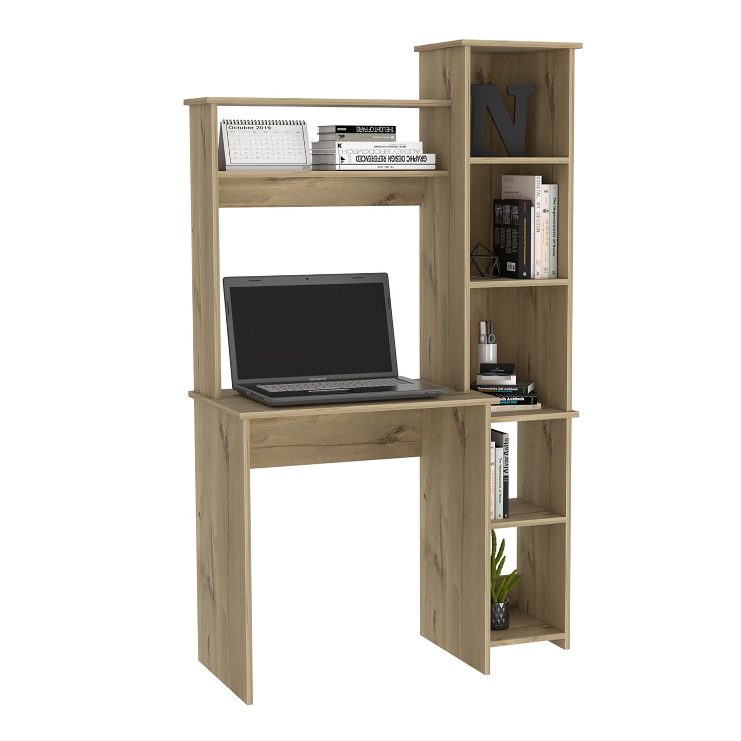 Wooden computer desk with shelves and laptop for home office