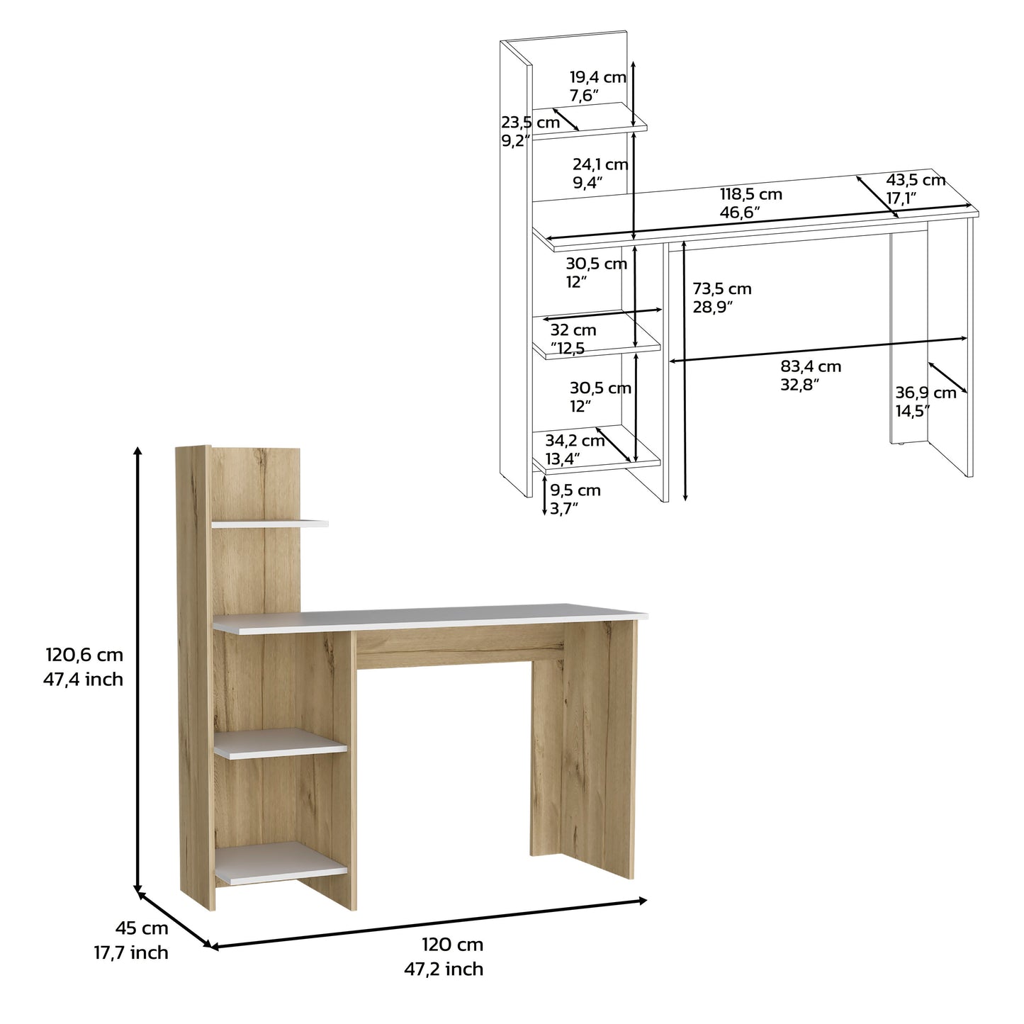 Compact wooden computer desk with white top and three shelves