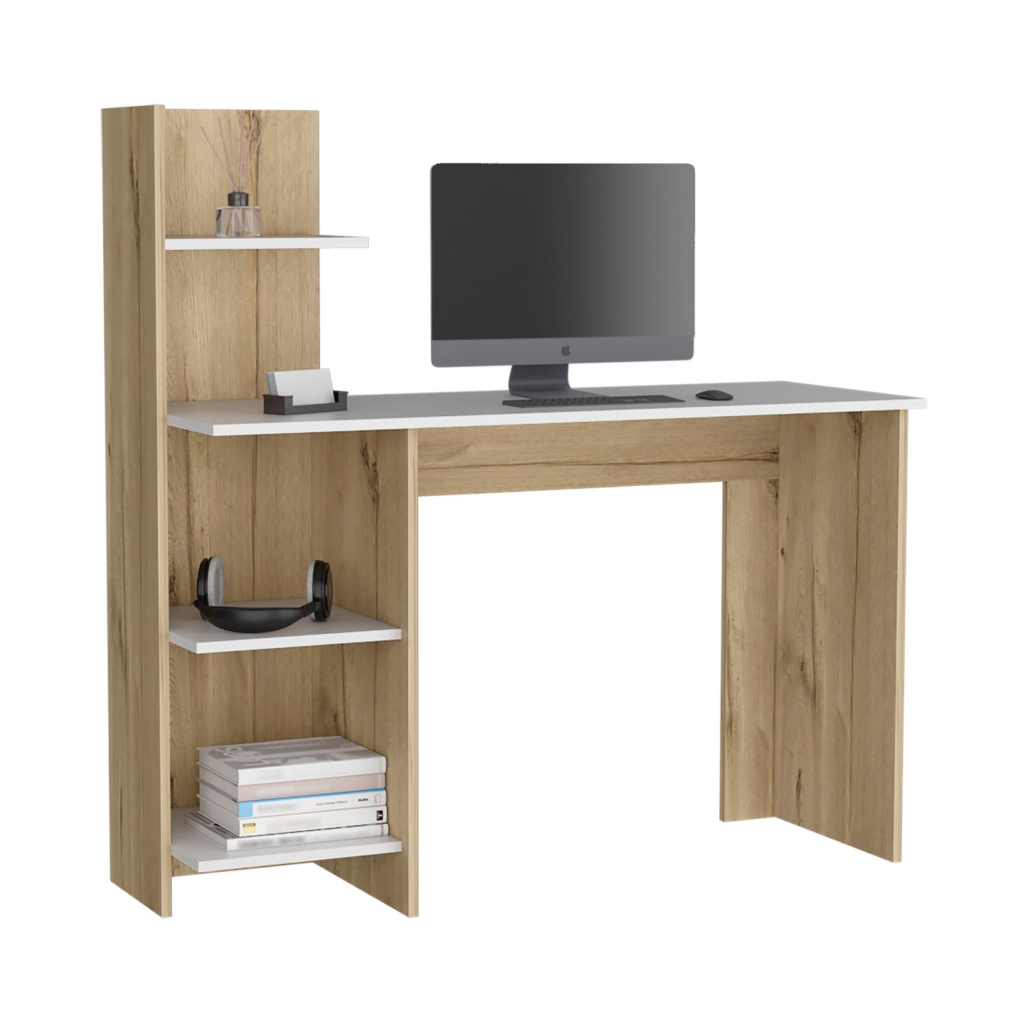 Modern oak and white computer desk with side shelving unit and iMac