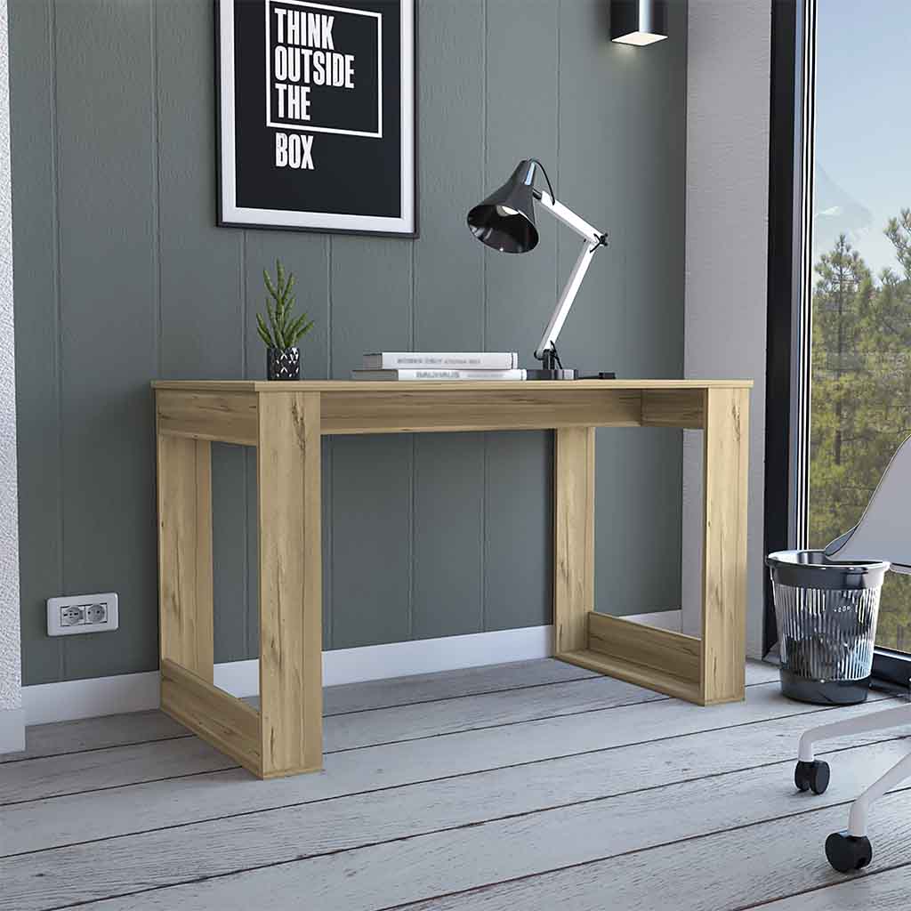 Modern wooden desk with minimalist design and oak finish ideal for home office spaces