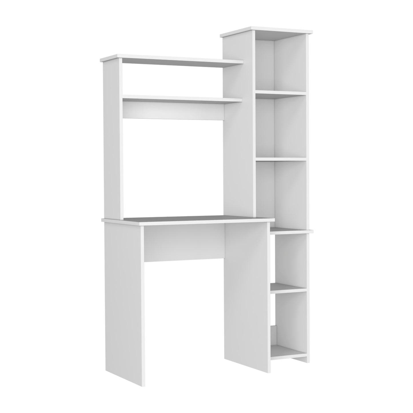 White modern computer desk with multiple open shelves for storage and organization