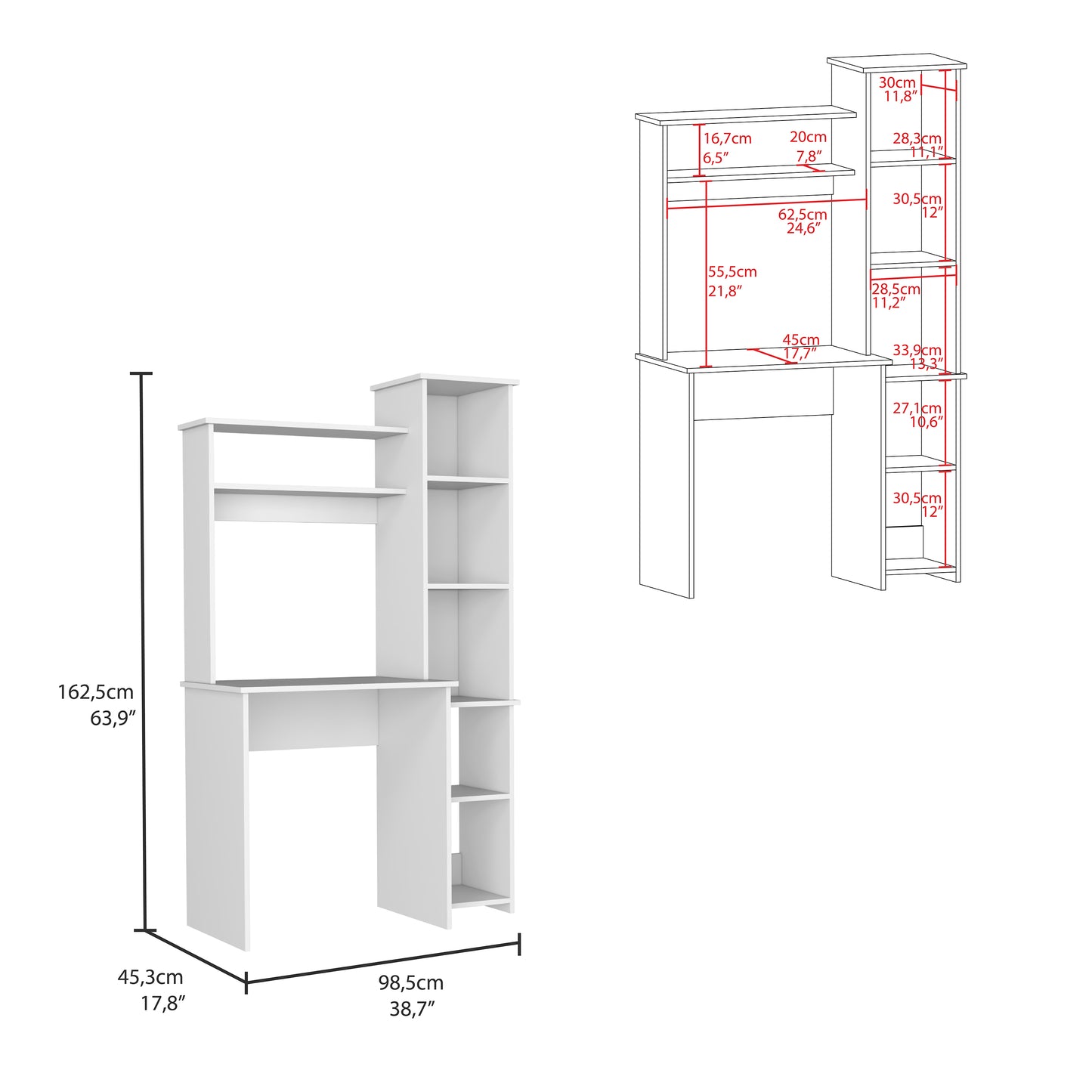 White computer desk with integrated shelving and storage for home office use