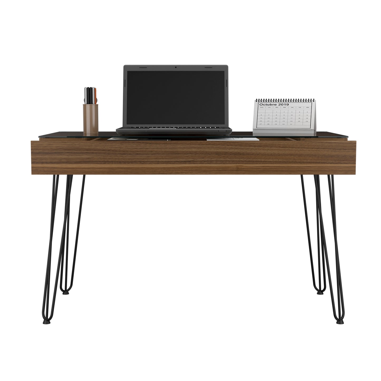 Midcentury modern desk with walnut veneer glass top and hairpin legs