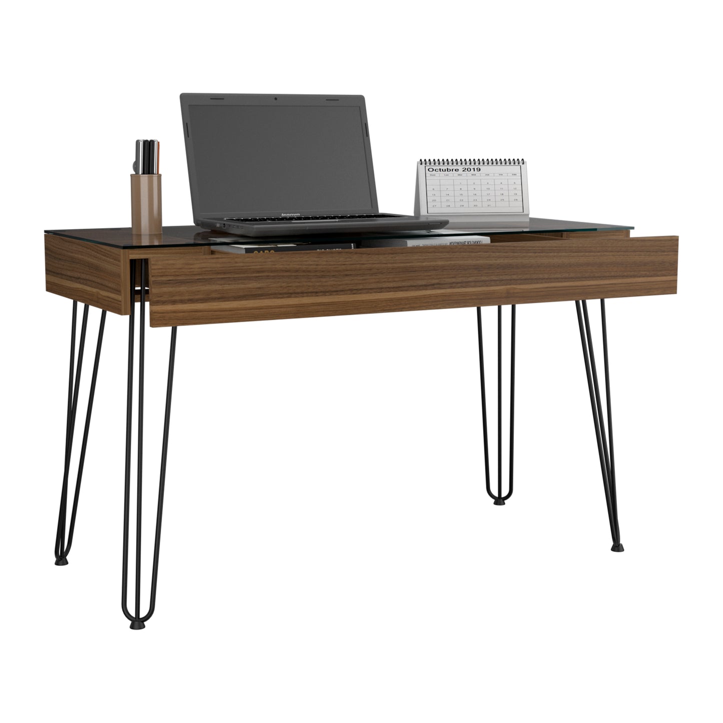Walnut finish writing desk with glass top and hairpin legs perfect for home office