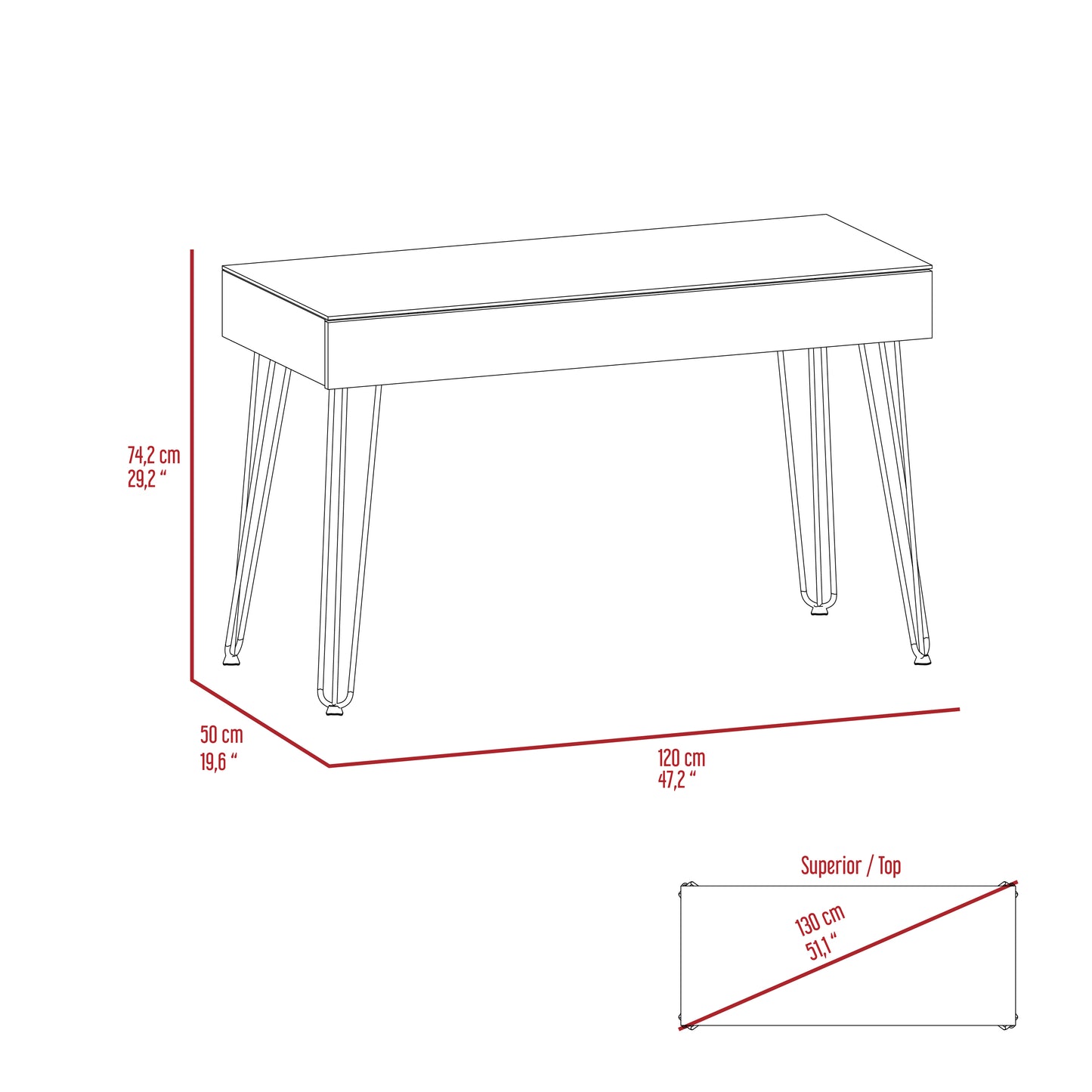 Line drawing of a modern white desk with tapered legs and dimensions indicated