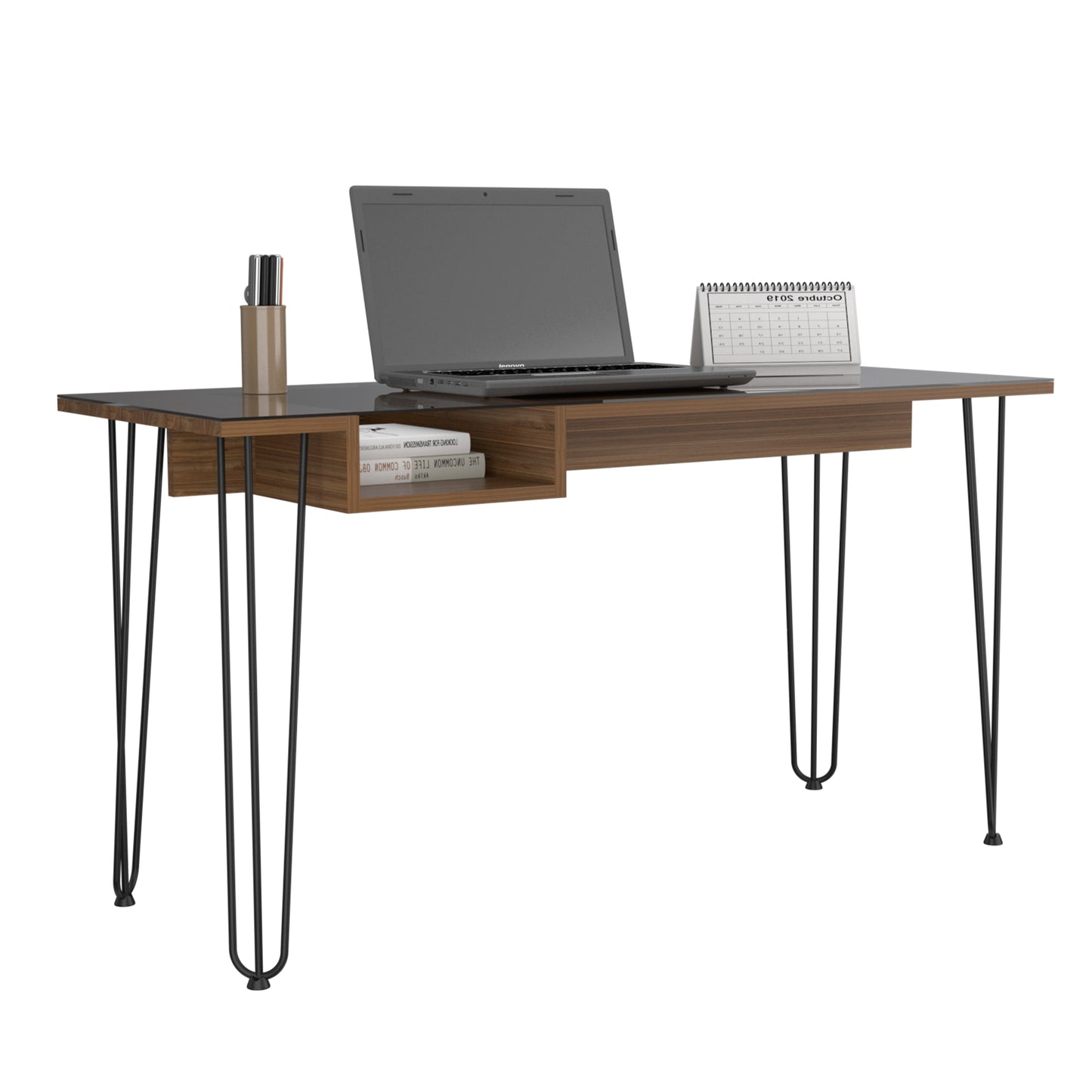 Modern walnut writing desk with glass top and hairpin legs