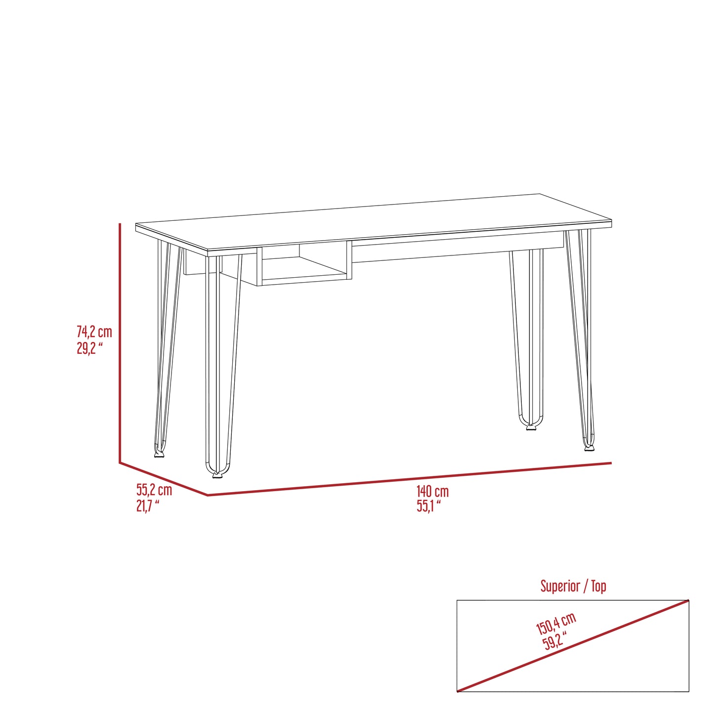 Modern writing desk with drawer and tapered legs cm long