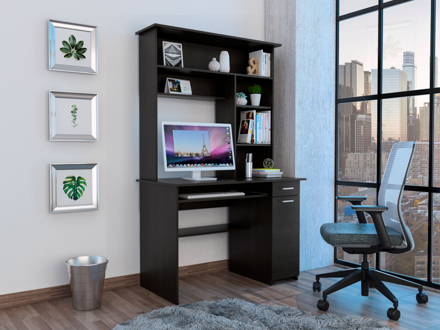 Dark wood computer desk with hutch and integrated shelving for home office setup