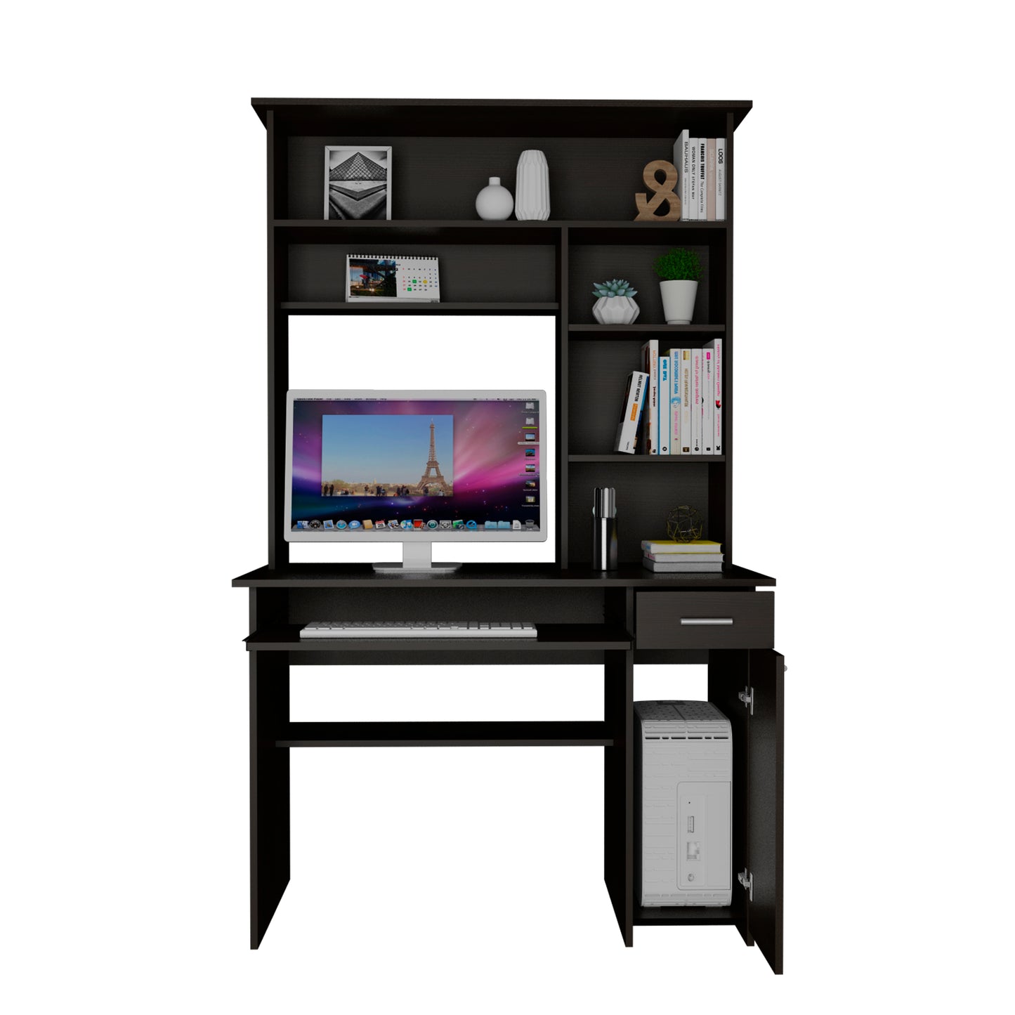 Dark wood computer desk with hutch keyboard monitor and PC tower storage