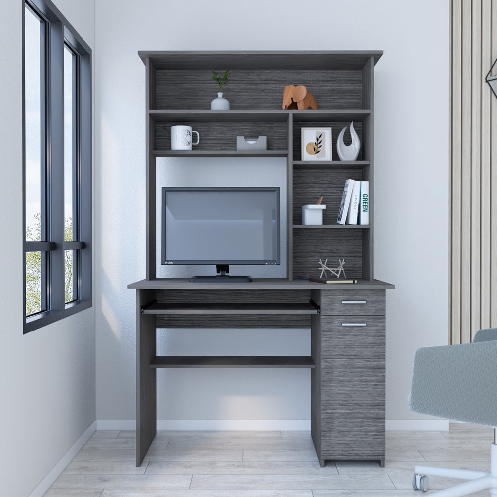 Modern gray computer desk with hutch and drawers for home office