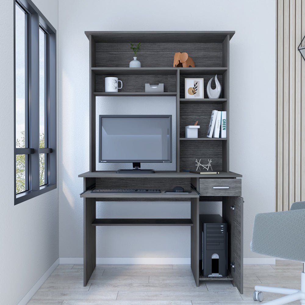 Compact grey computer desk with hutch and builtin storage for home office