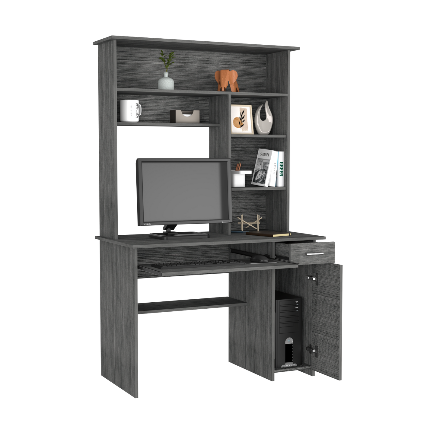 Grey wood computer desk with hutch and storage cabinets