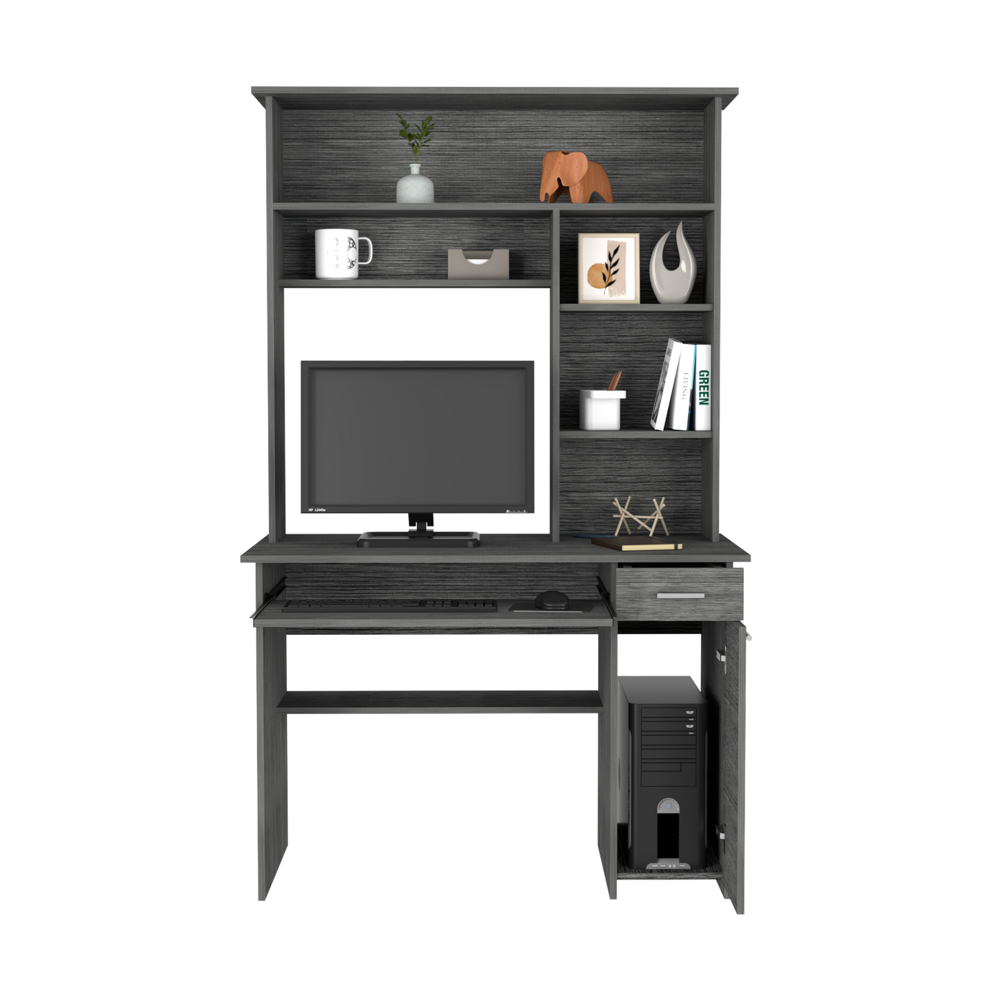 Modern grey computer desk with integrated shelves and monitor stand