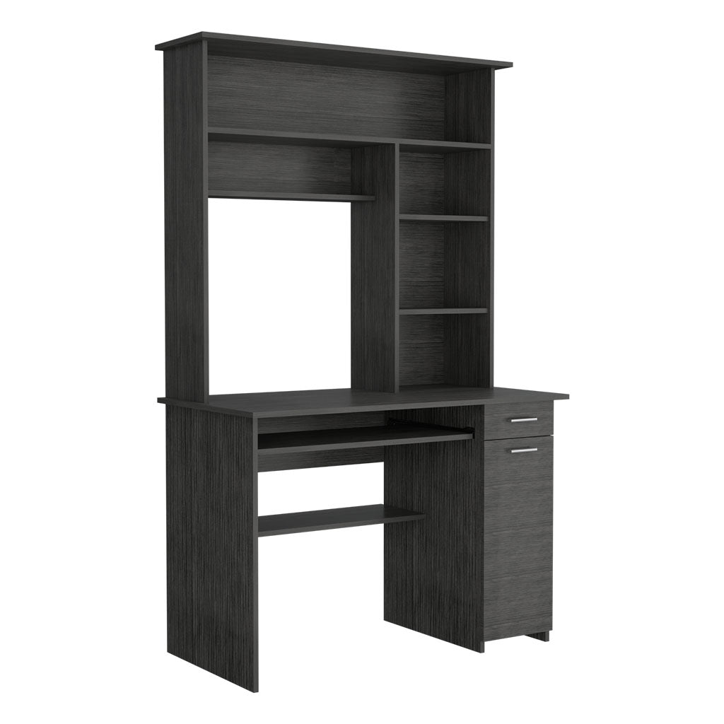 Modern dark gray computer desk with hutch and keyboard tray
