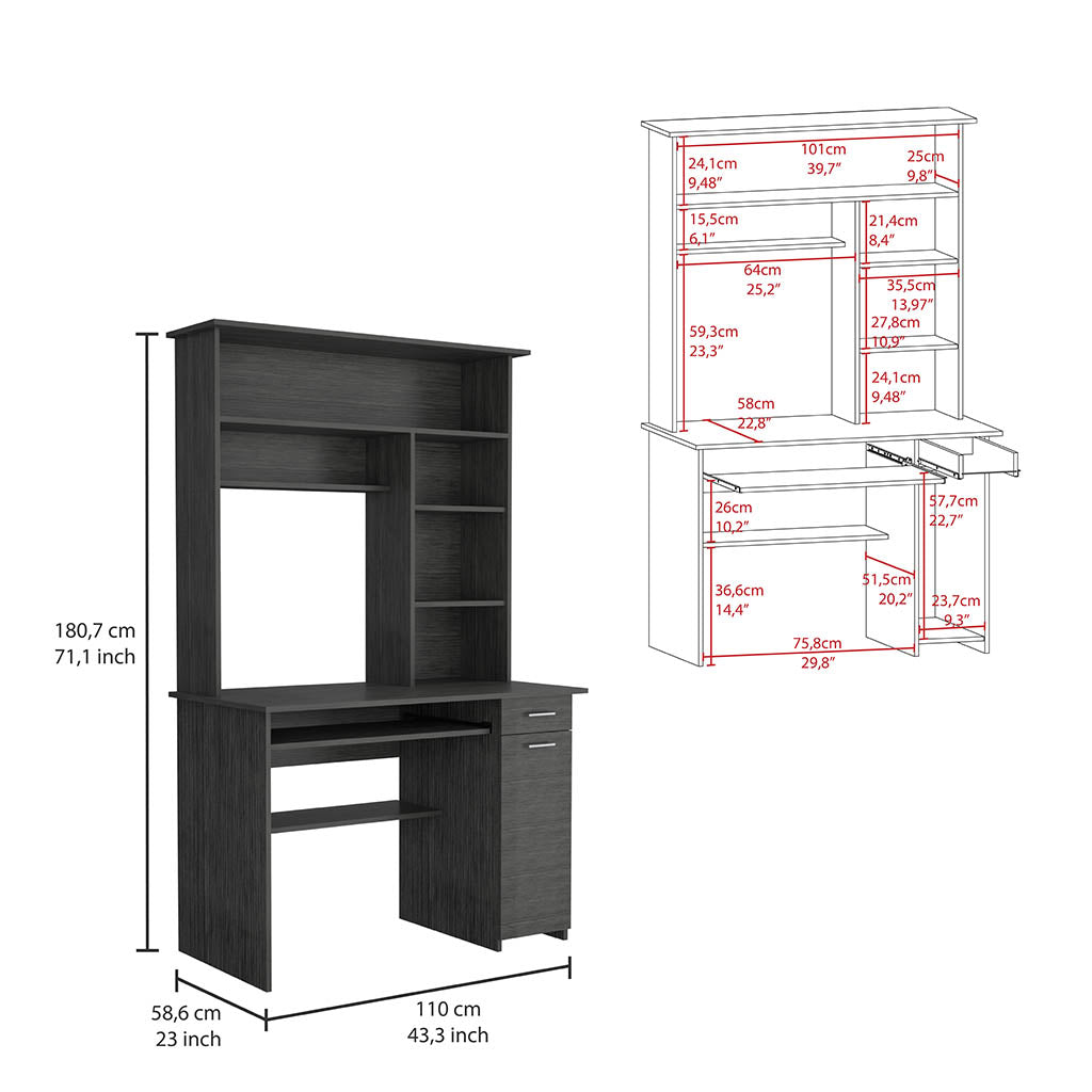 Dark grey modern computer desk with hutch offering ample storage and workspace