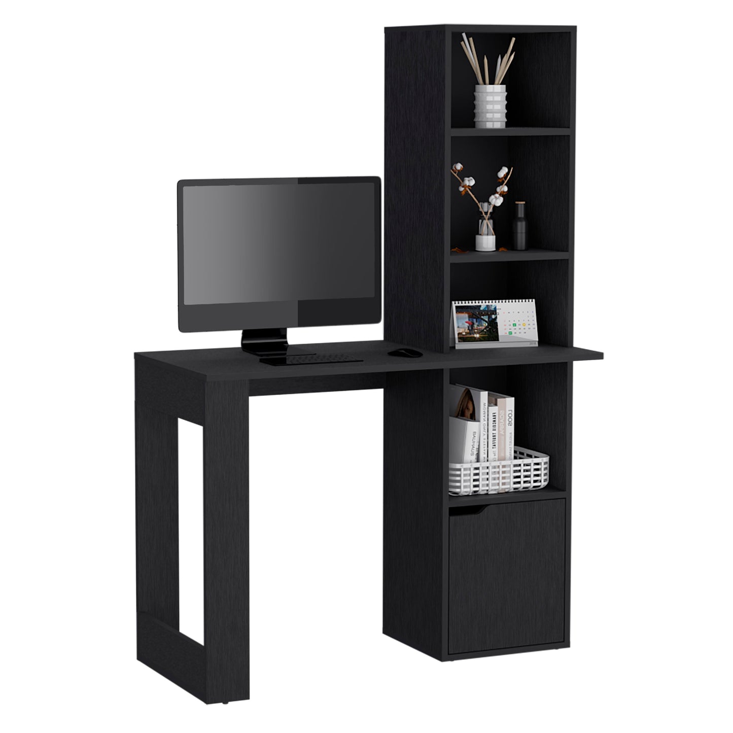 Black wooden computer desk with integrated shelving unit perfect for home offices